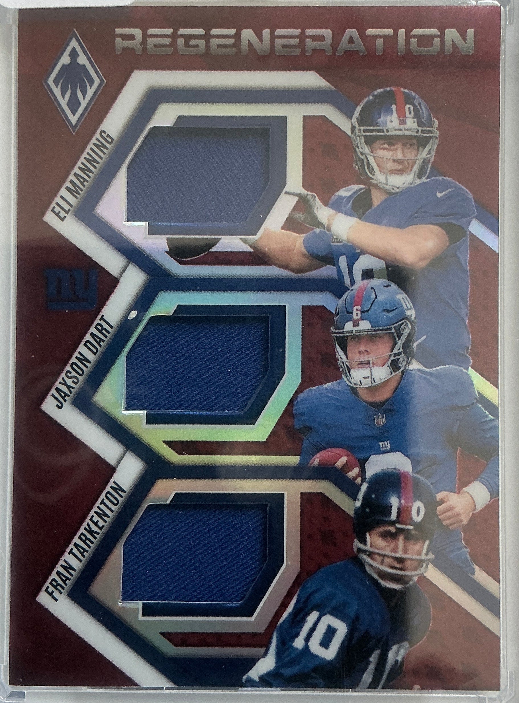 2025 Panini Regeneration Eli Manning, Jaxson Dart, Fran Tarkenton Phoenix Triple Patch 43/249