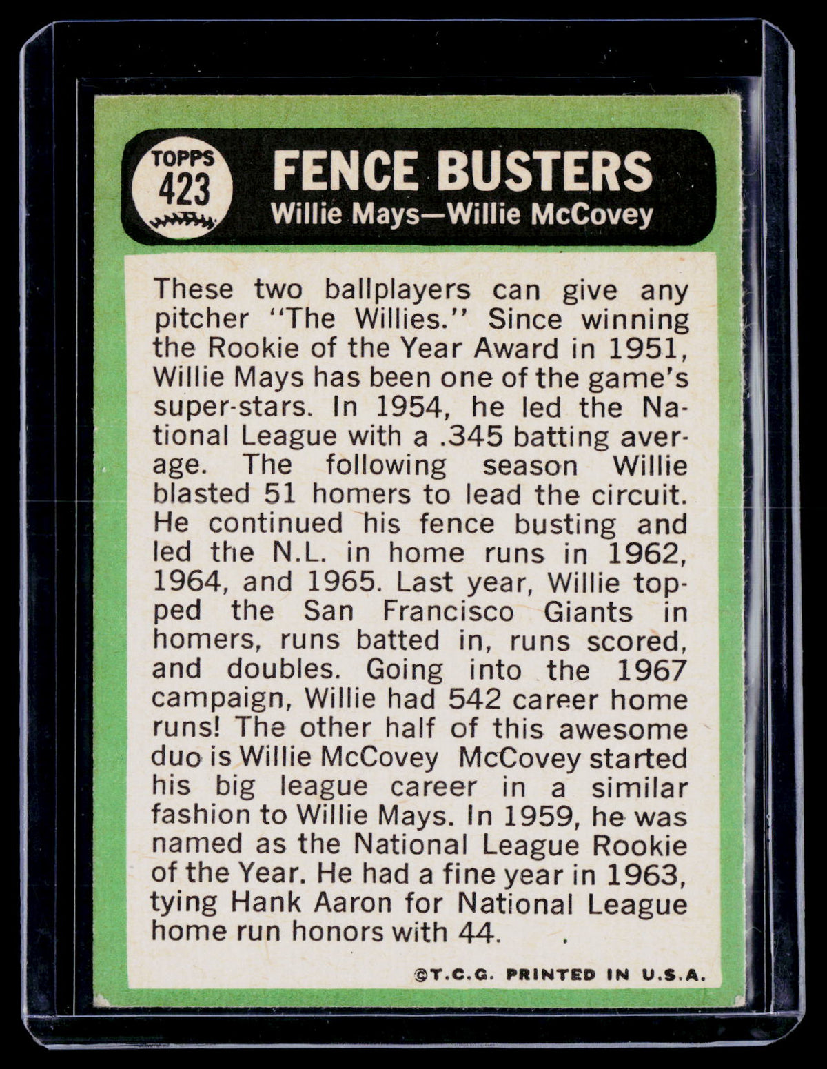 1967 Topps Fence Busters Willie Mays Willie McCovey 423 Poor Condition