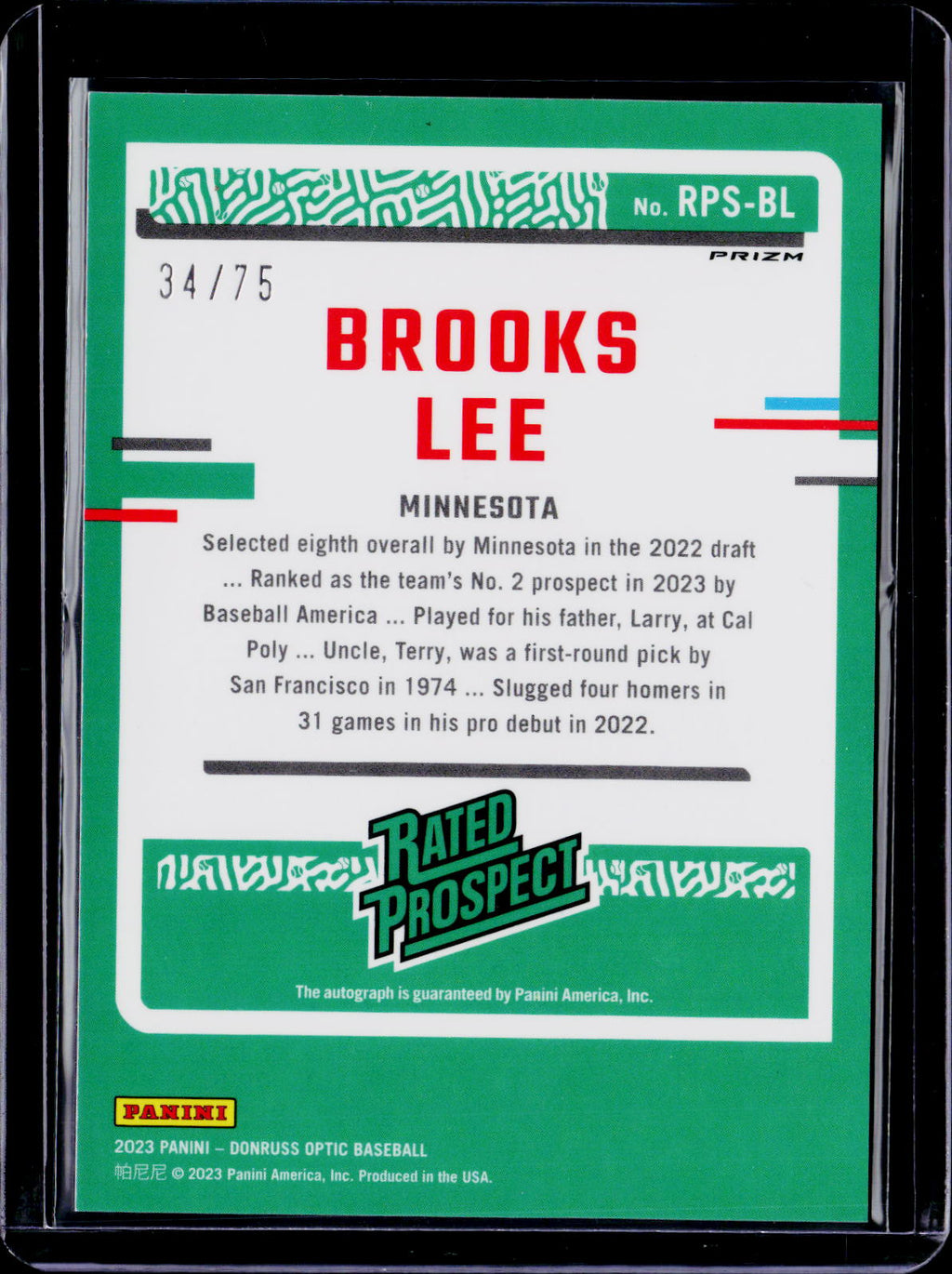 2023 Donruss Optic Brooks Lee Blue Auto 34/75
