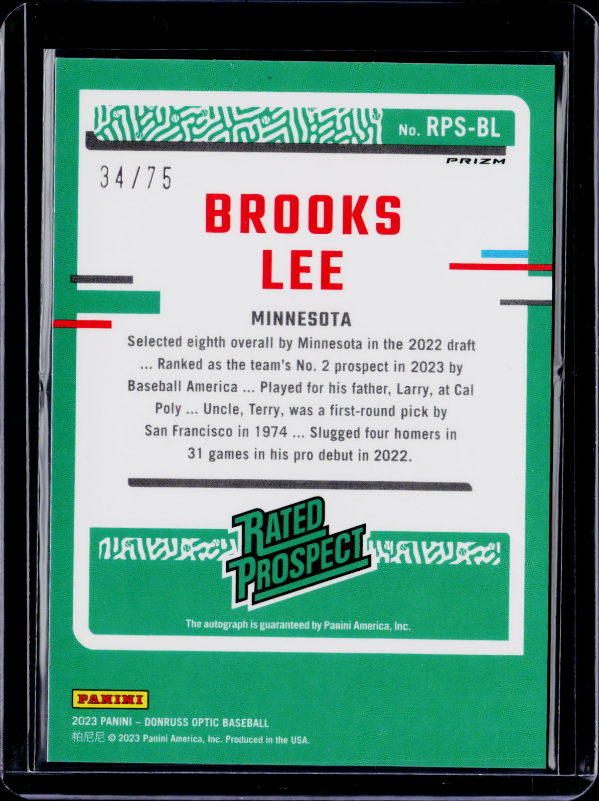 2023 Donruss Optic Brooks Lee Blue Auto 34/75