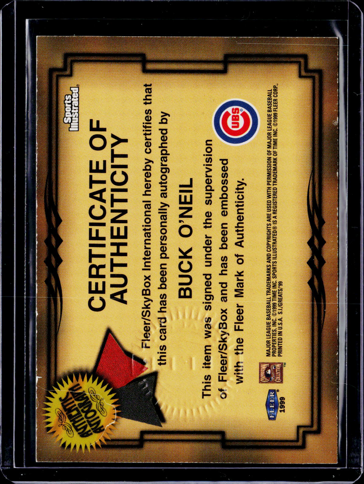 1999 Fleer Greats of the Game Buck O'Neil Auto