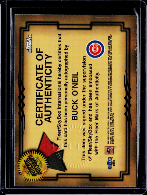 1999 Fleer Greats of the Game Buck O'Neil Auto