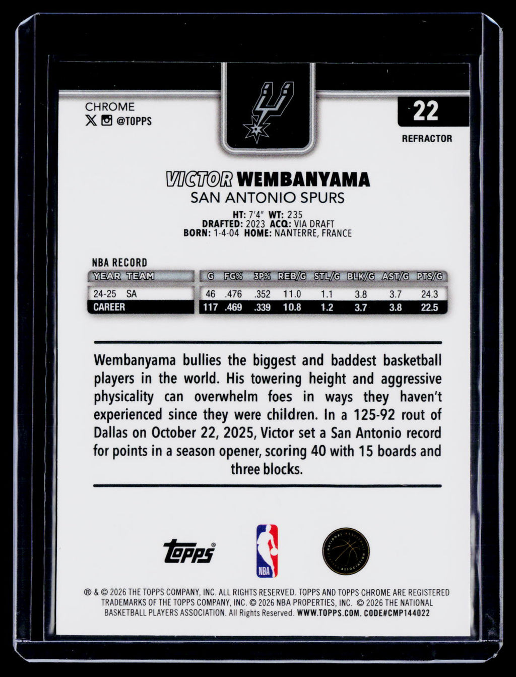 2025-26 Topps Chrome Update Victor Wembanyama Refractor