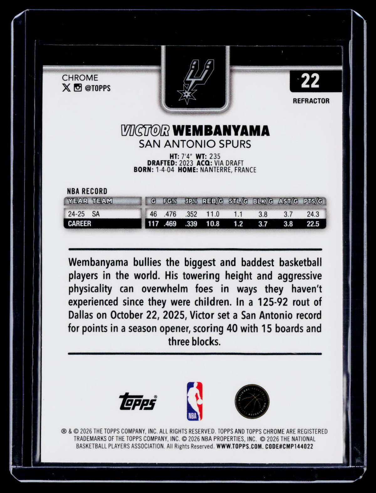 2025-26 Topps Chrome Update Victor Wembanyama Refractor