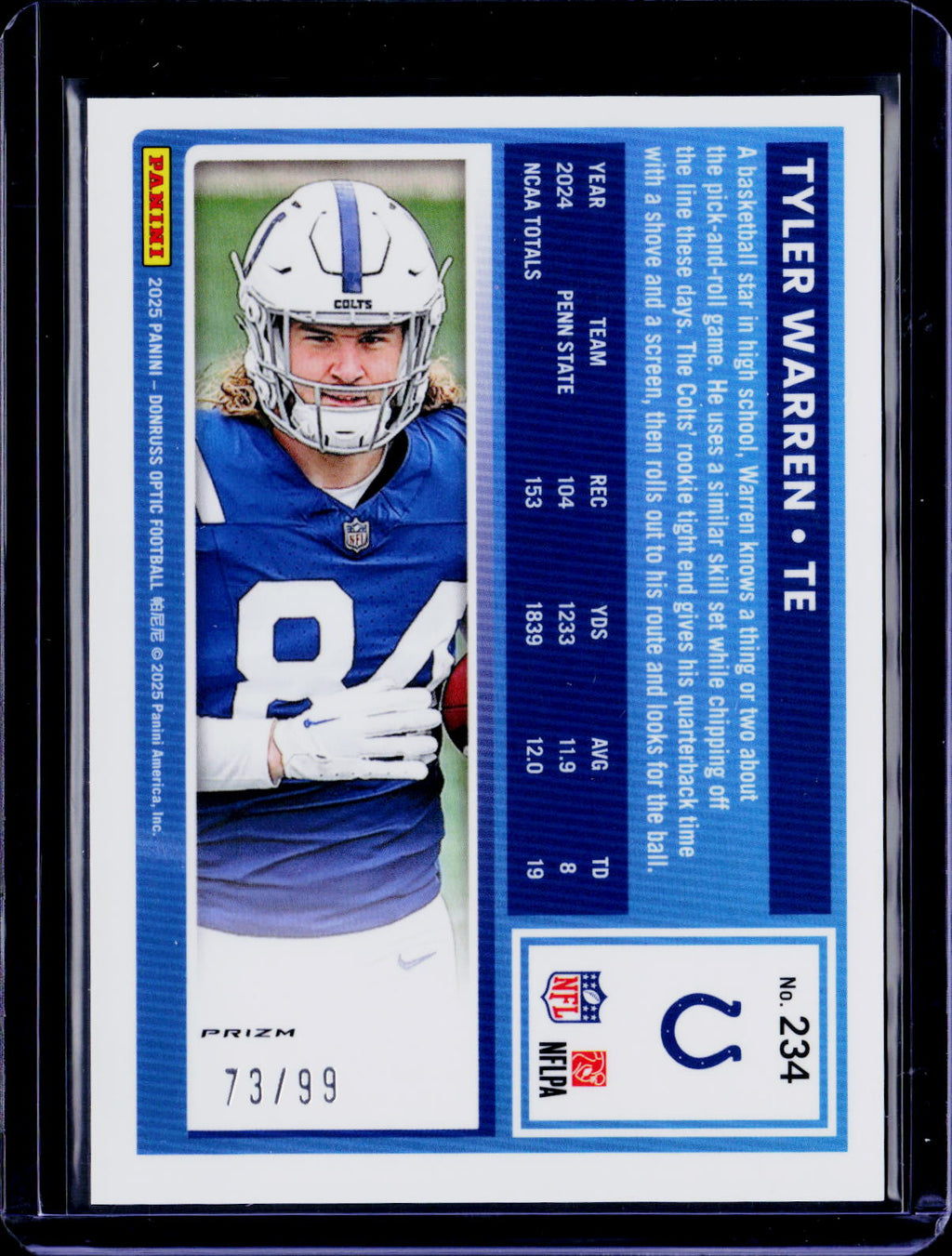 2025 Donruss Optic Tyler Warren Pink Velocity 73/99 RC
