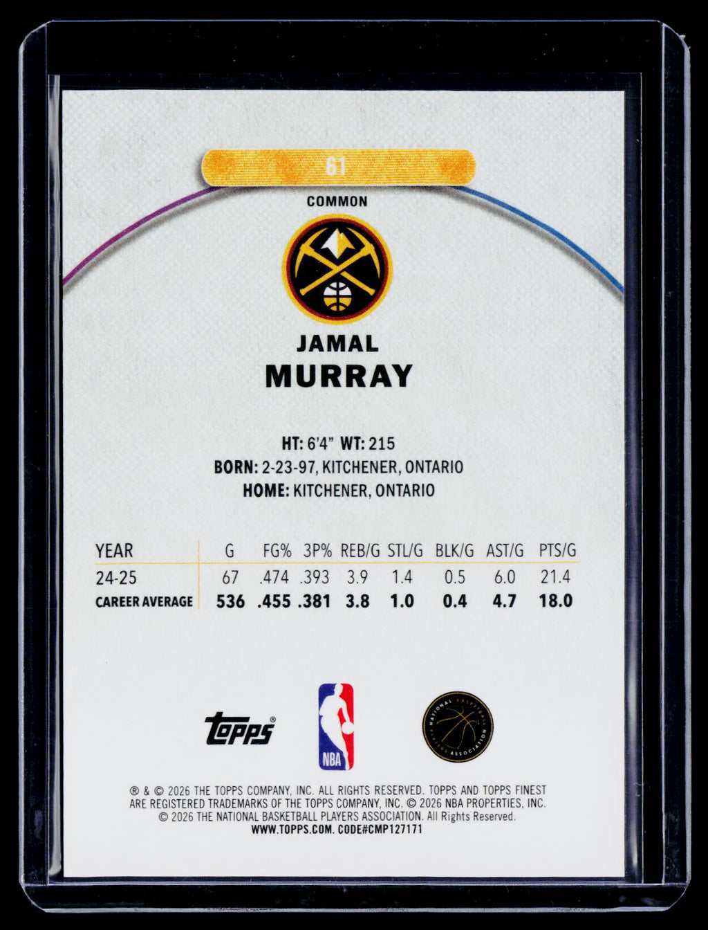 2025 Topps Finest Jamal Murray Black Geometric Common 1/1