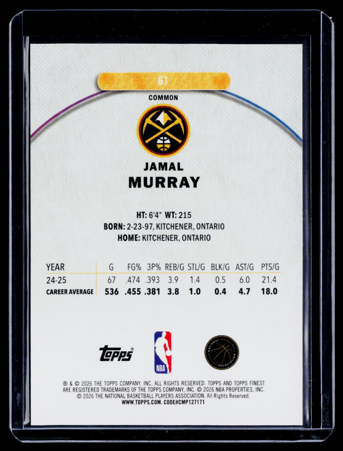 2025 Topps Finest Jamal Murray Black Geometric Common 1/1
