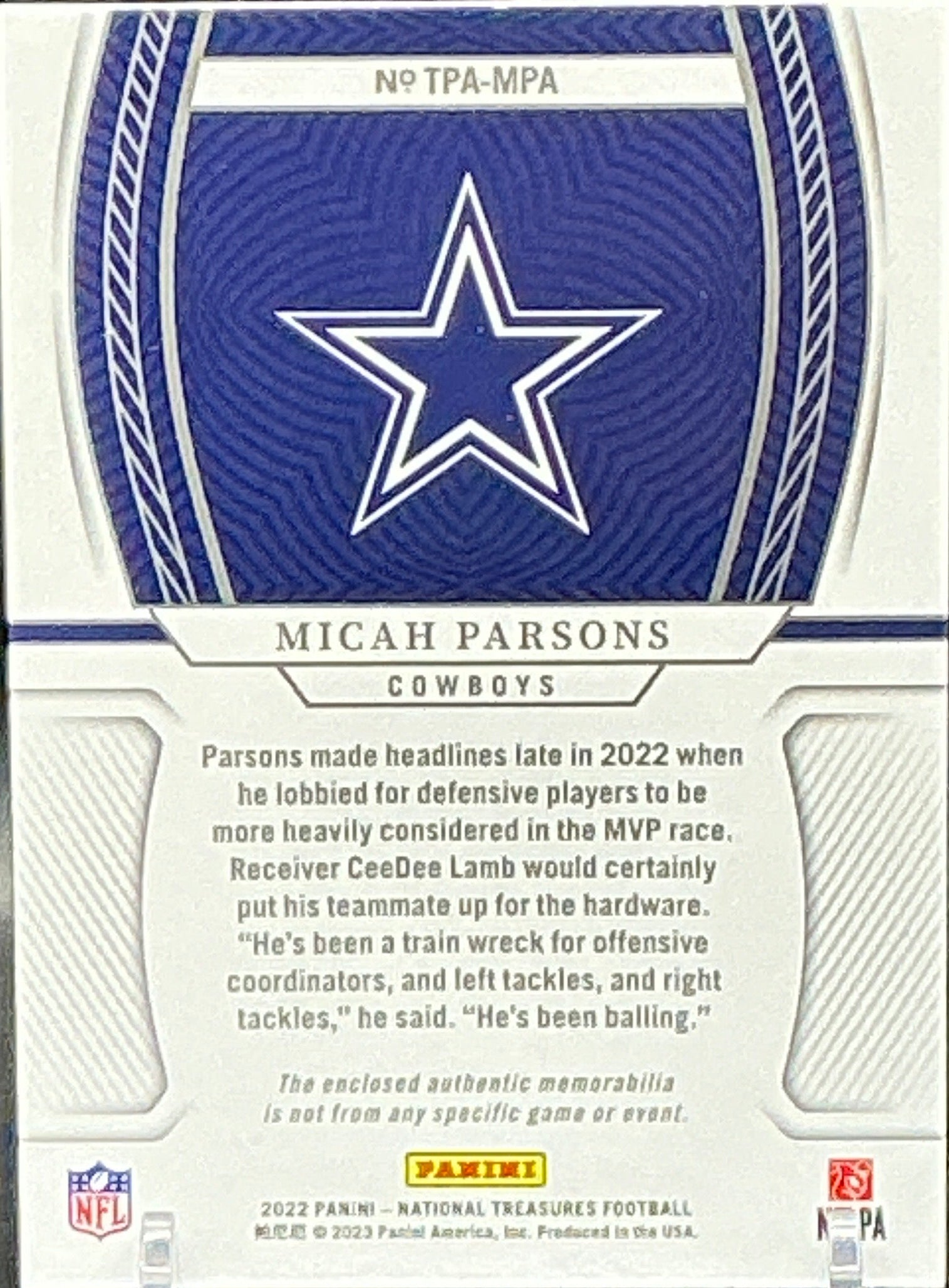 2022 National Treasures Micah Parsons Game Worn Patch 12/25