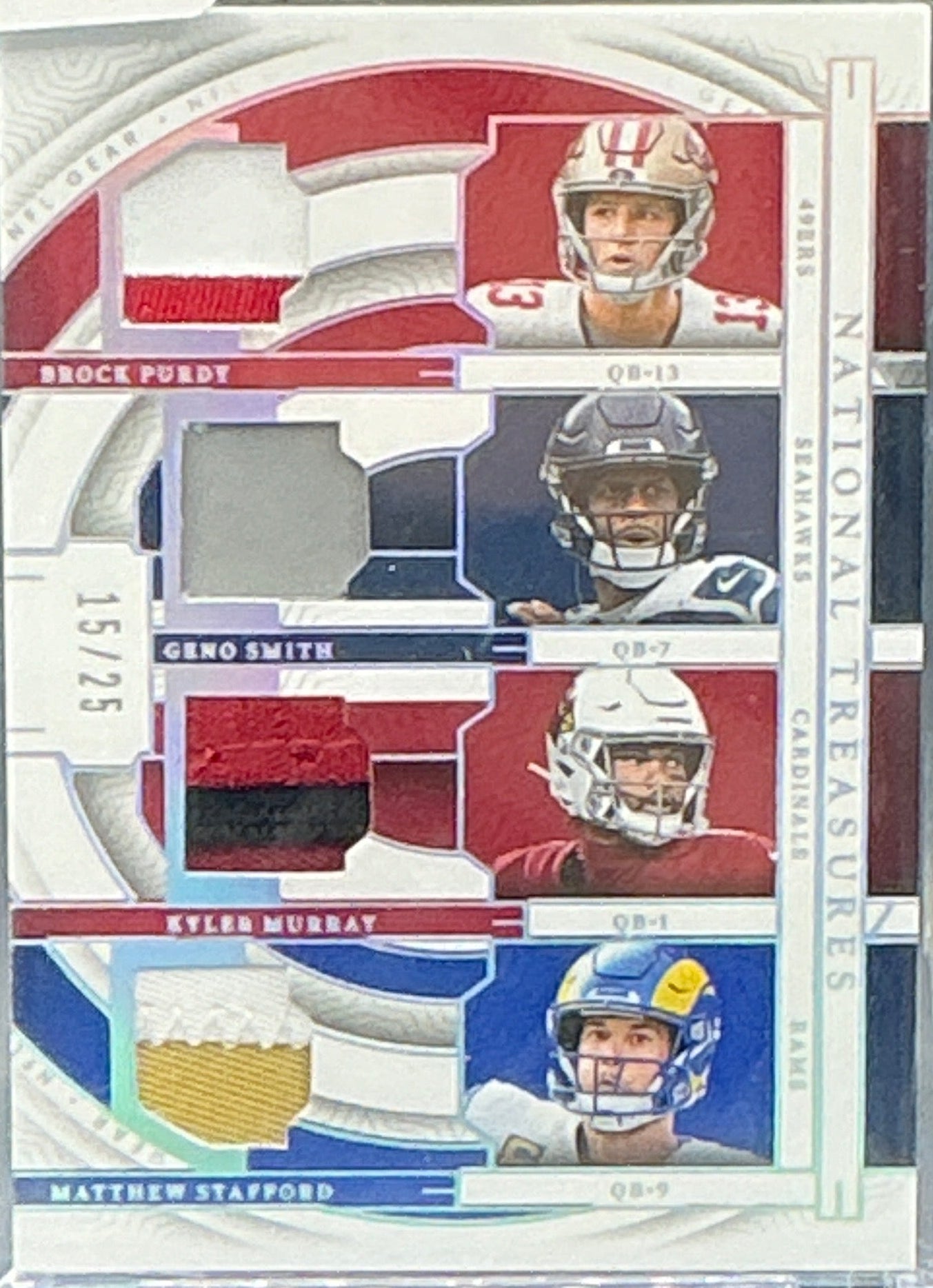 2023 National treasures Brock Purdy, Geno Smith, Kyler Murray, Mathew Stafford Quad Patch 15/25