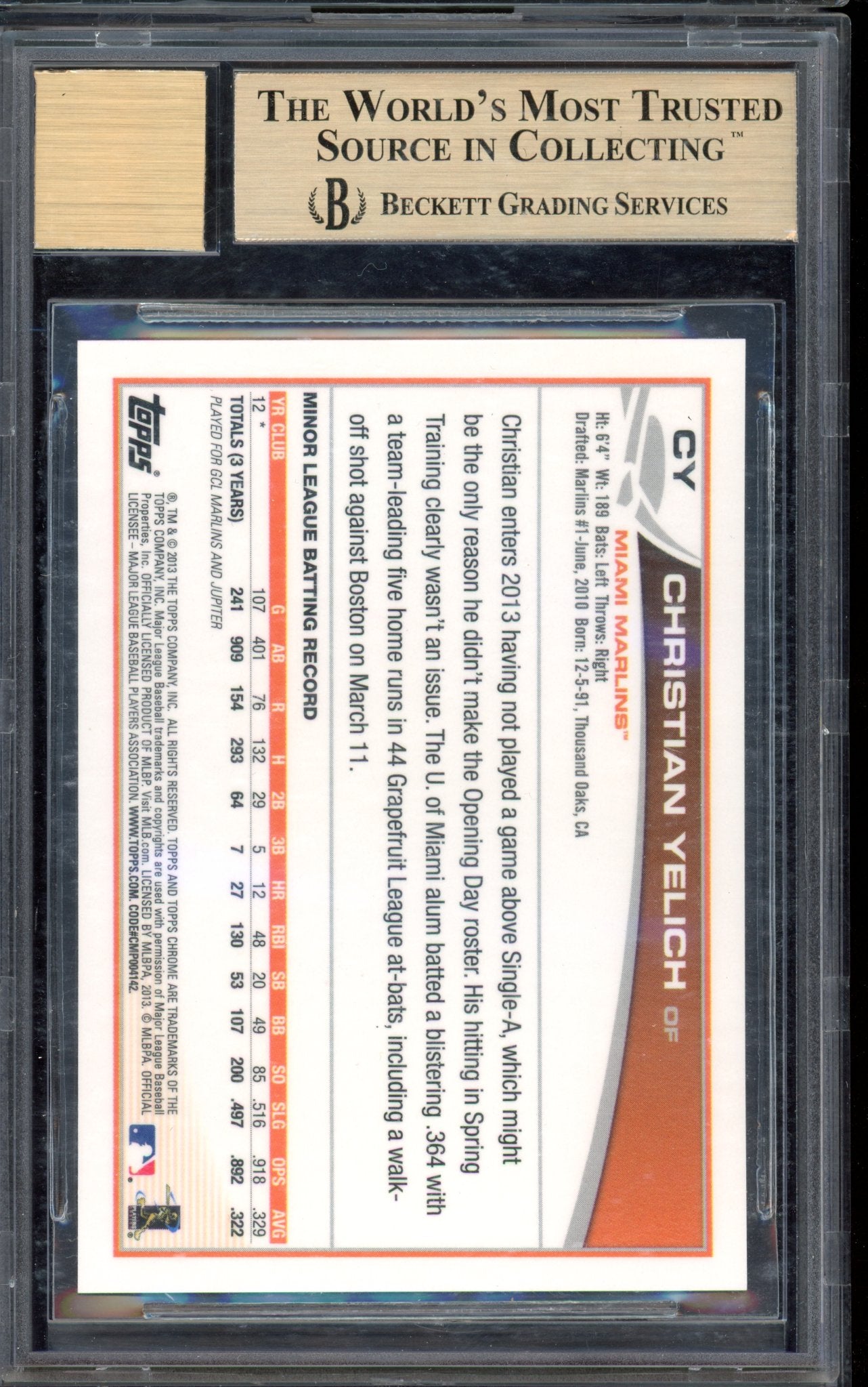 2013 Topps Chrome Christian Yelich Auto BGS 9.5 AUTO 10 RC