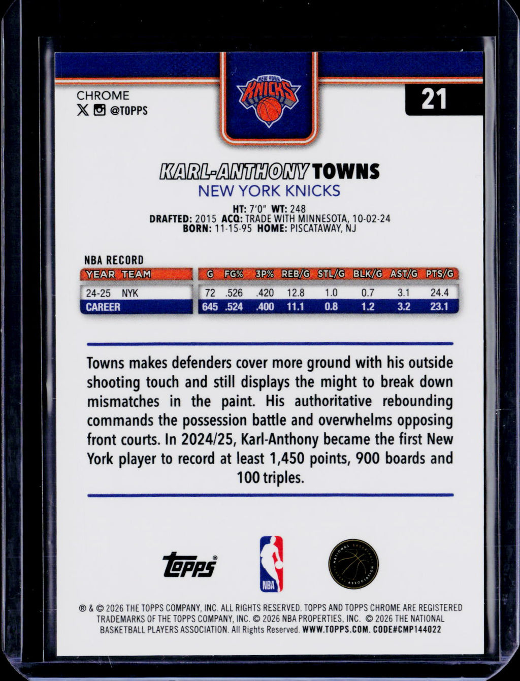 2025-26 Topps Chrome Update Karl-Anthony Towns Orange Basketball /25