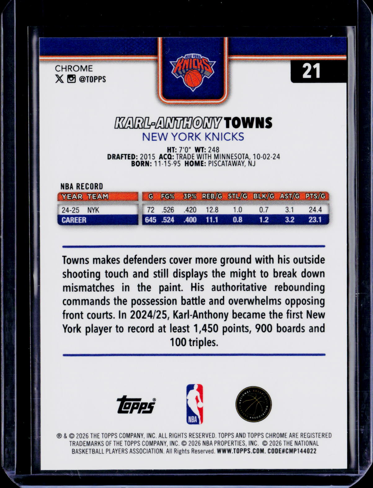 2025-26 Topps Chrome Update Karl-Anthony Towns Orange Basketball /25