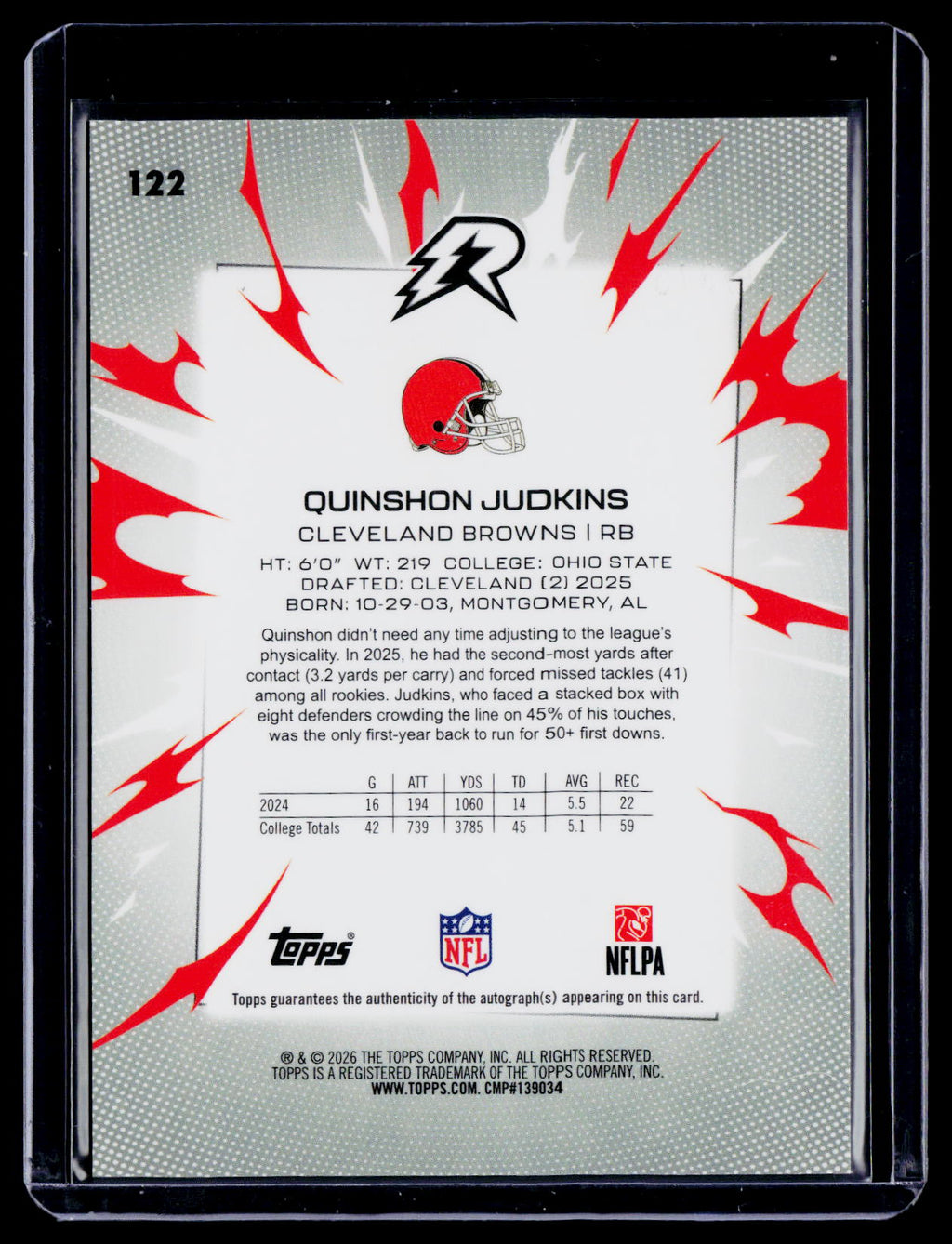2025 Topps Resurgence Quinshon Judkins Rookie Black & White Auto 365/375 RC