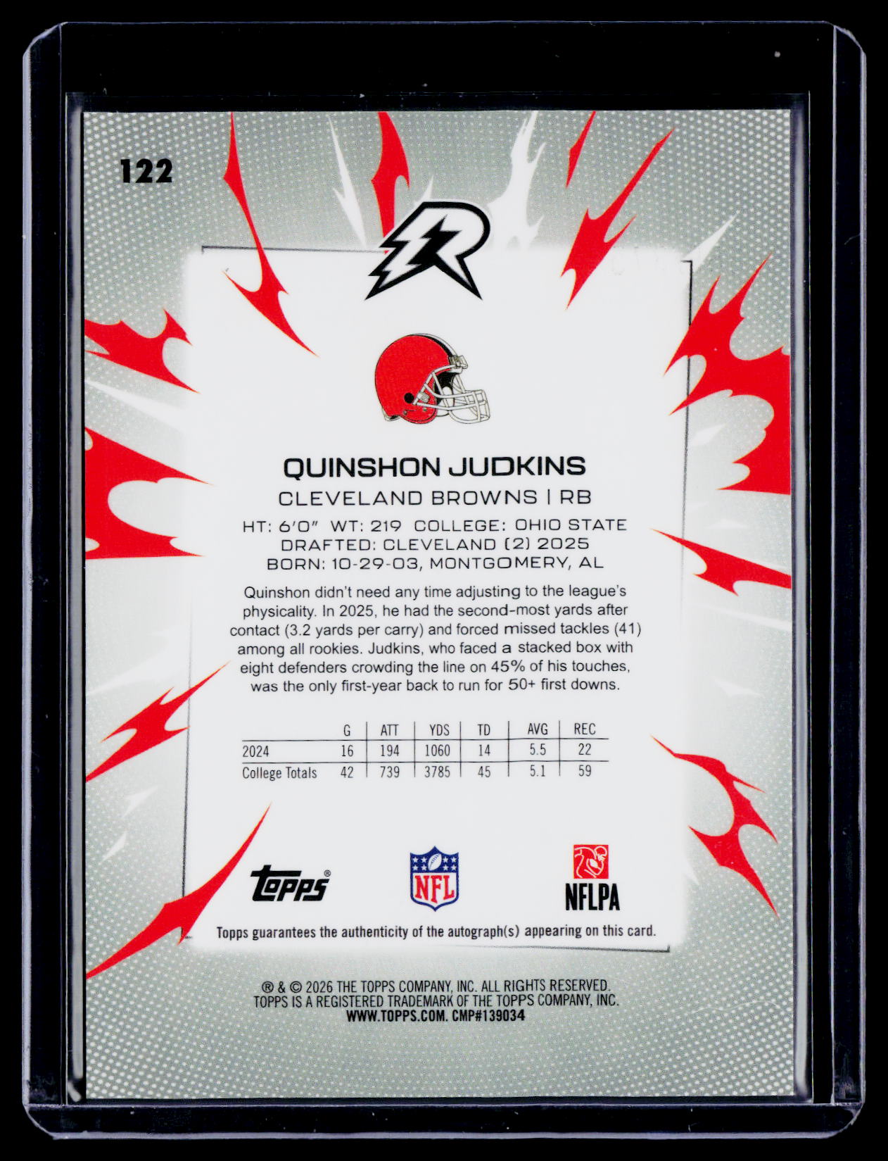2025 Topps Resurgence Quinshon Judkins Rookie Black & White Auto 365/375 RC