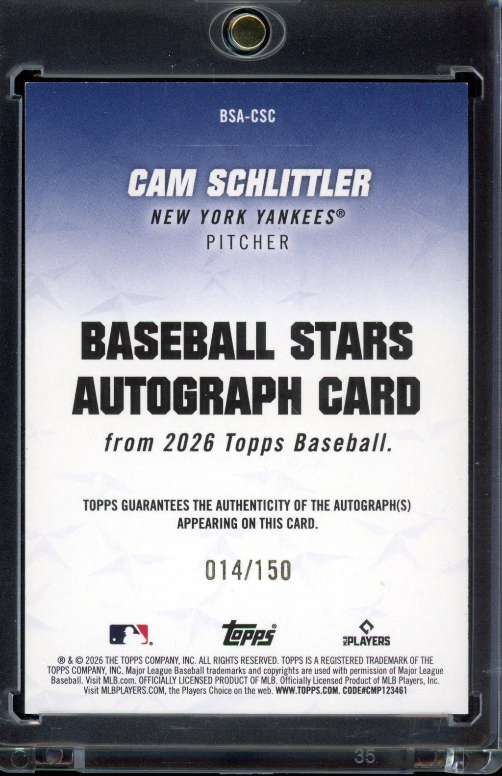 2026 Topps Cam Schlittler Baseball Stars Auto Blue 014/150 RC
