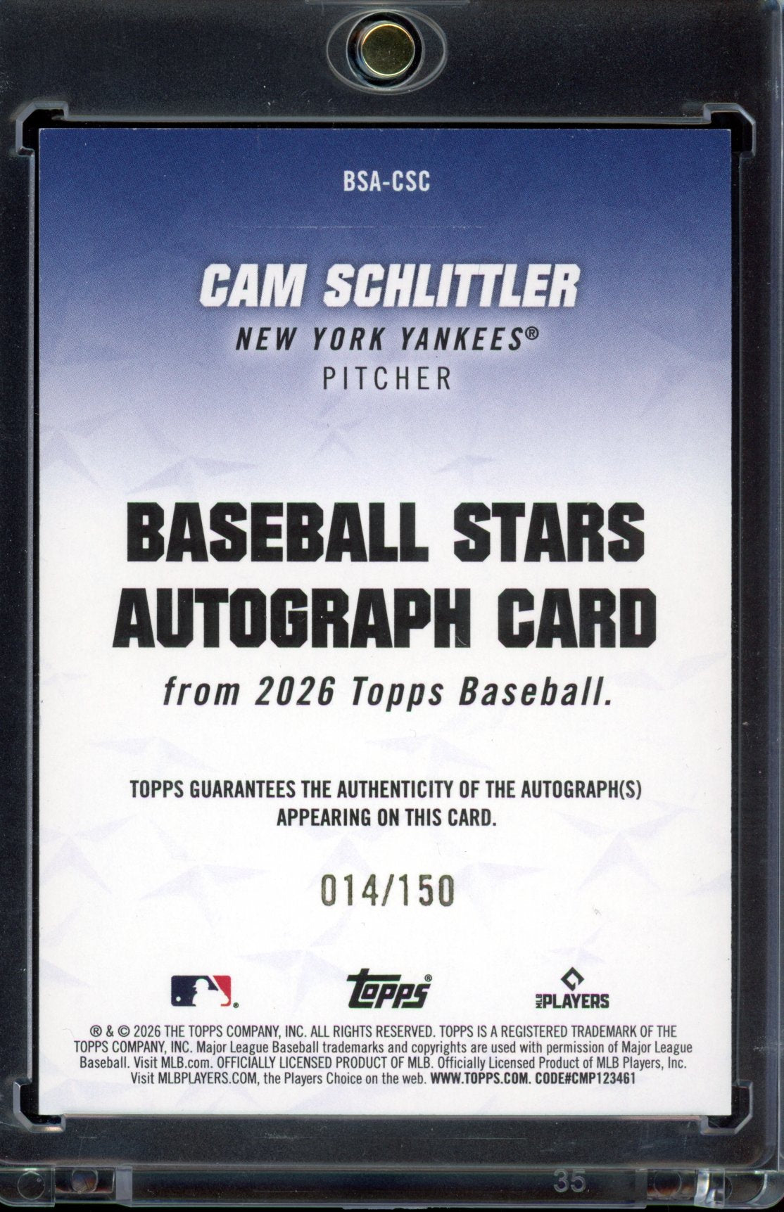 2026 Topps Cam Schlittler Baseball Stars Auto Blue 014/150 RC