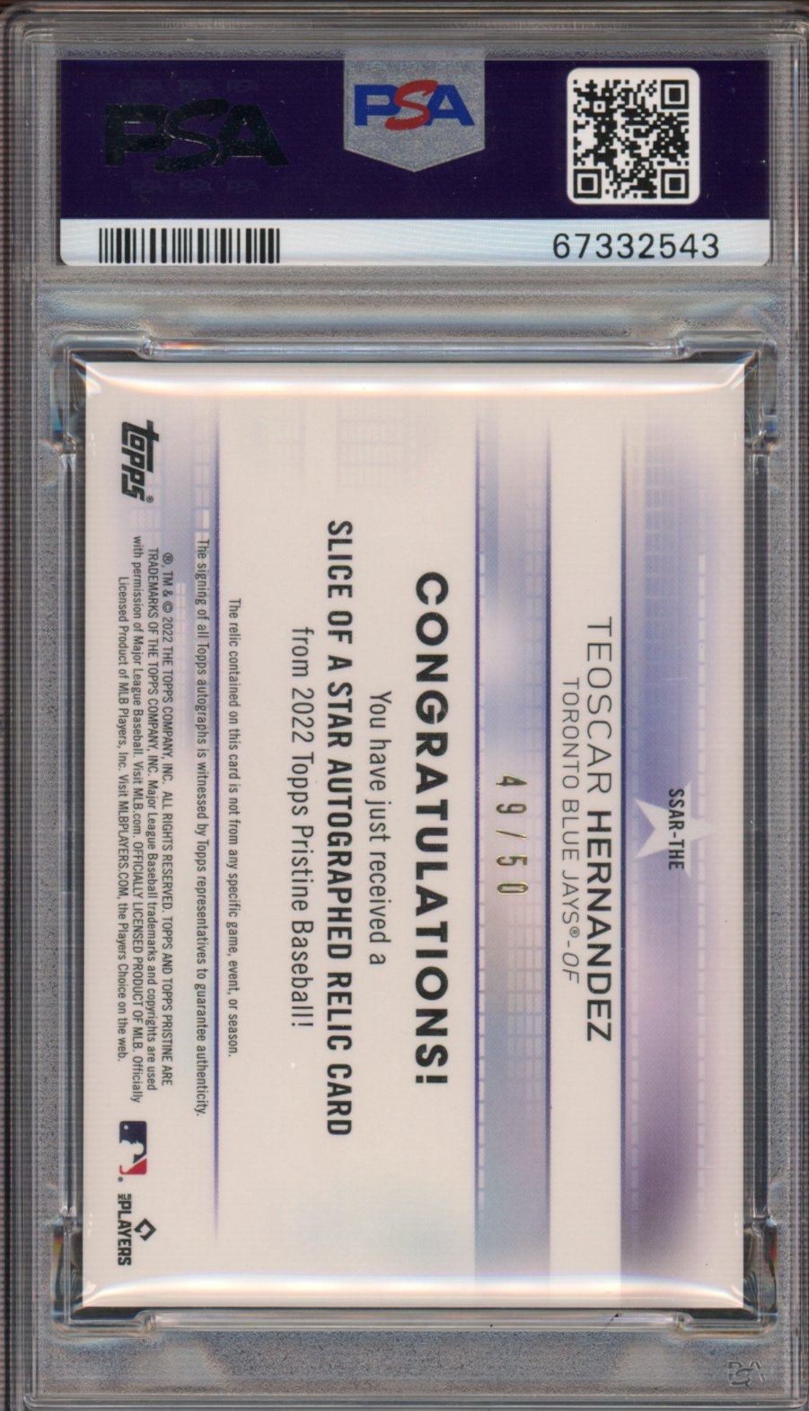 2022 Topps Pristine Teoscar Hernandez Gold Patch Auto 49/50 PSA 10