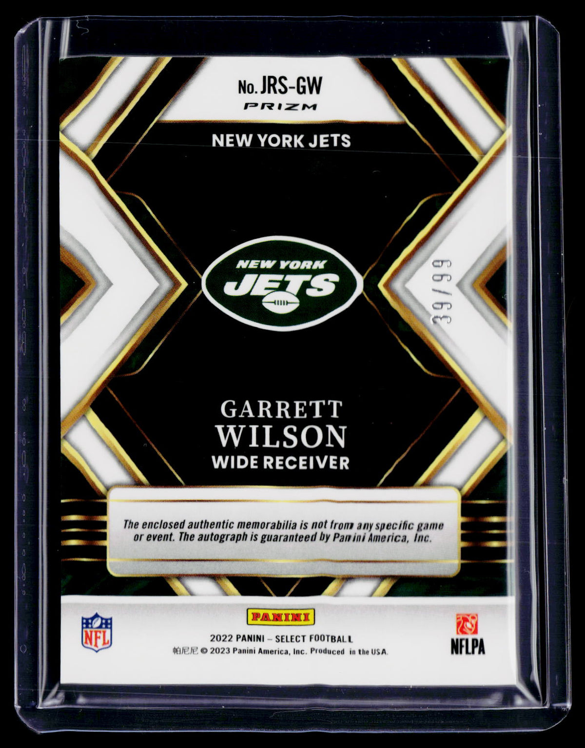 2022 Select Garrett Wilson Rookie Patch Auto RPA 39/99 RC
