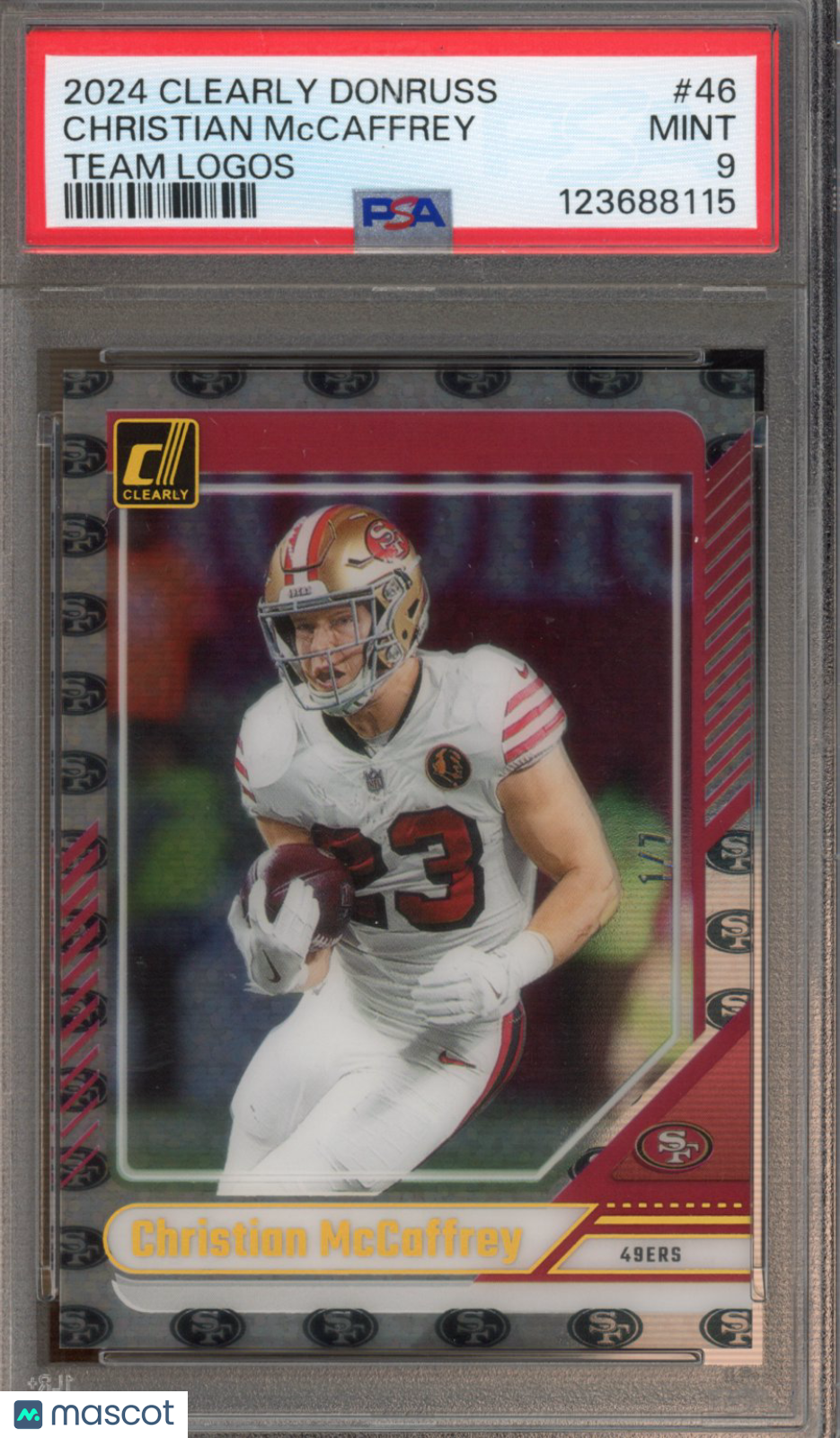 2024 Panini Clearly Donruss Christian McCaffrey Team Logos 1/7 PSA 9