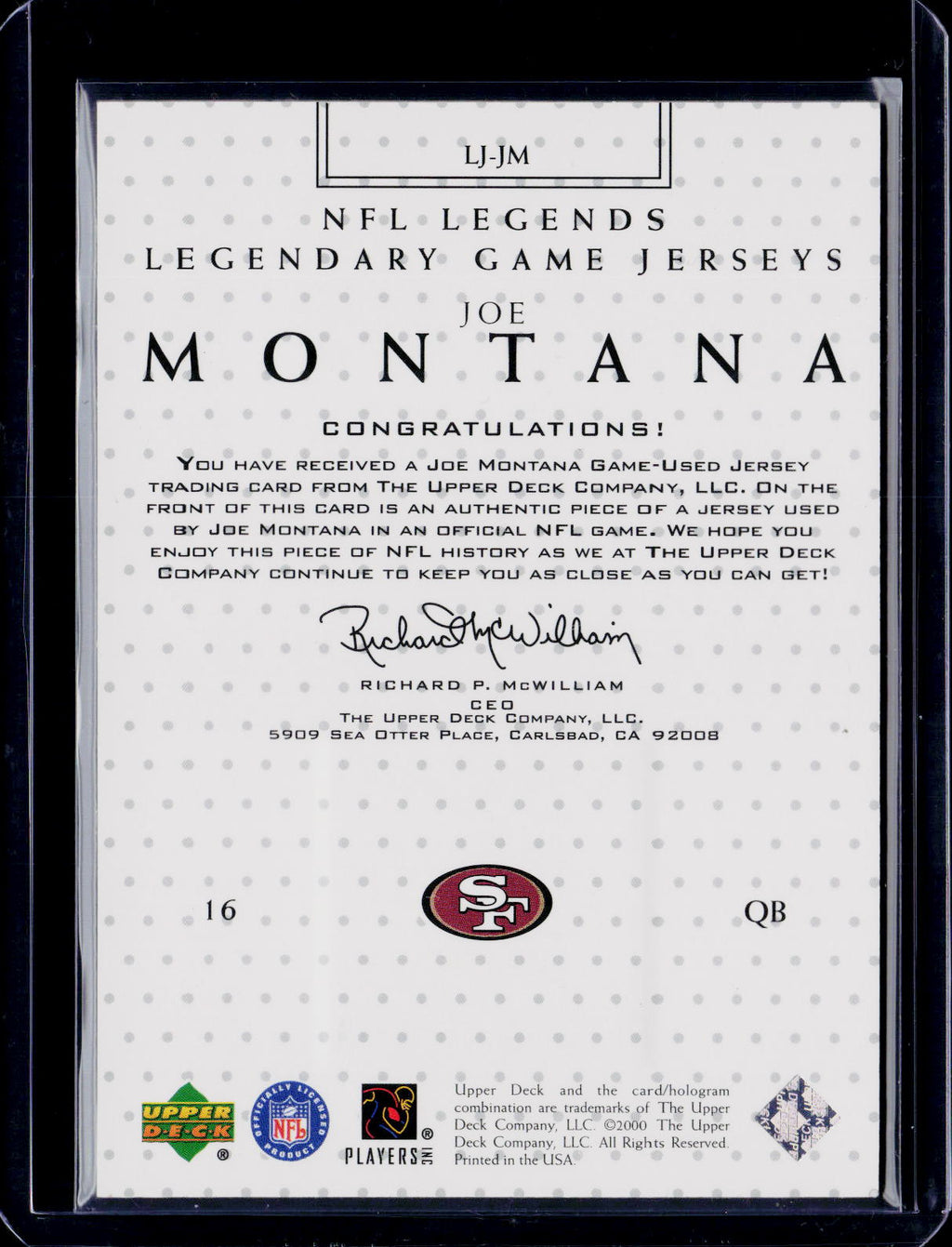 2001 Upper Deck Joe Montana Legendary Game Jerseys Patch