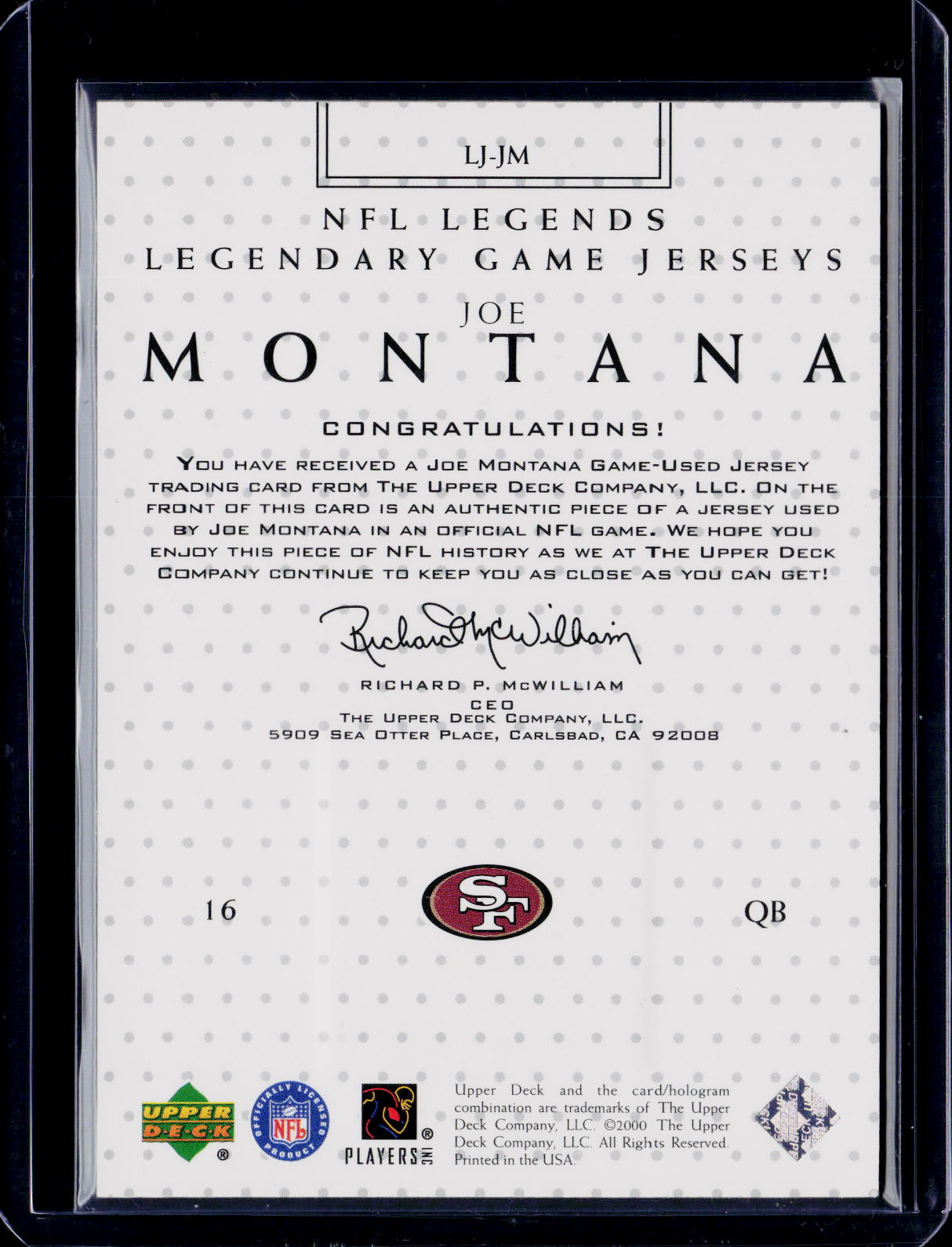 2001 Upper Deck Joe Montana Legendary Game Jerseys Patch