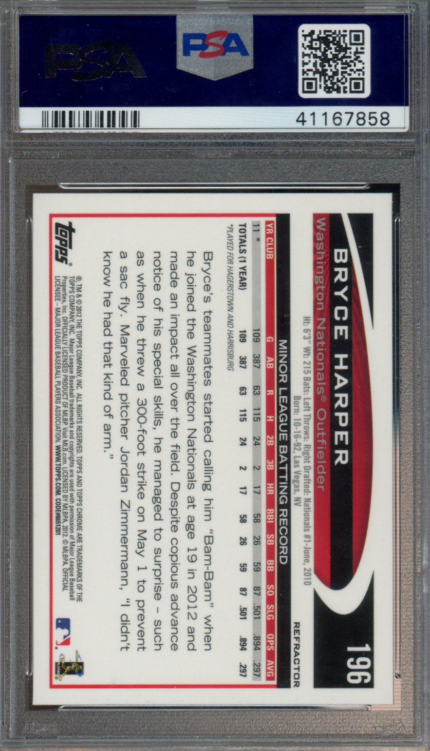 2012 Topps Chrome Bryce Harper #196 Refractor PSA 9