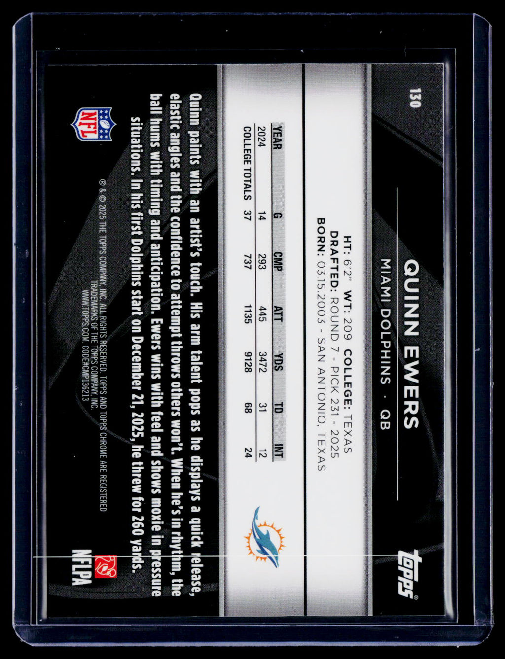 2025 Topps Chrome Black Quinn Ewers Rookie Green Wave 96/99 RC
