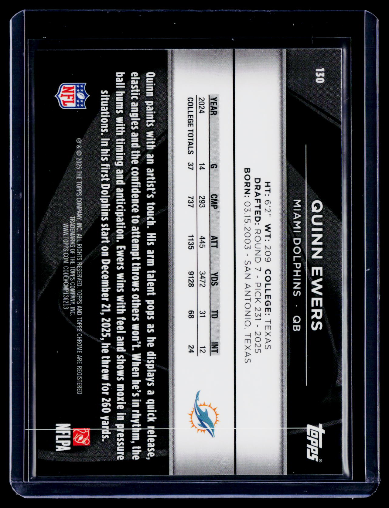 2025 Topps Chrome Black Quinn Ewers Rookie Green Wave 96/99 RC