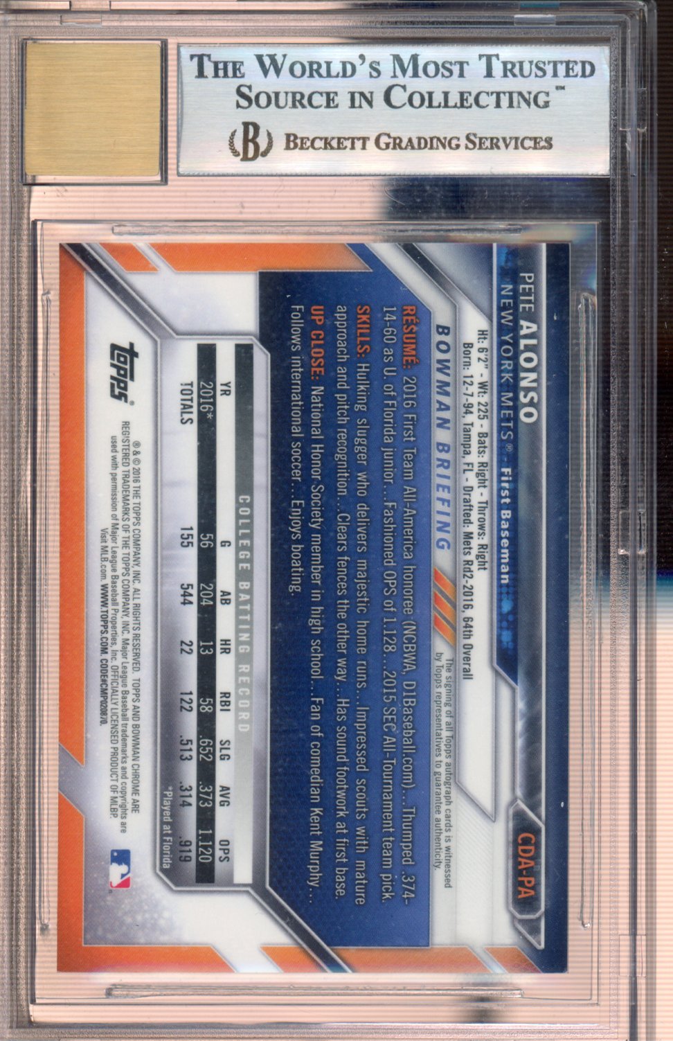 2016 Bowman chrome Draft Pete Alonso Auto BGS 9