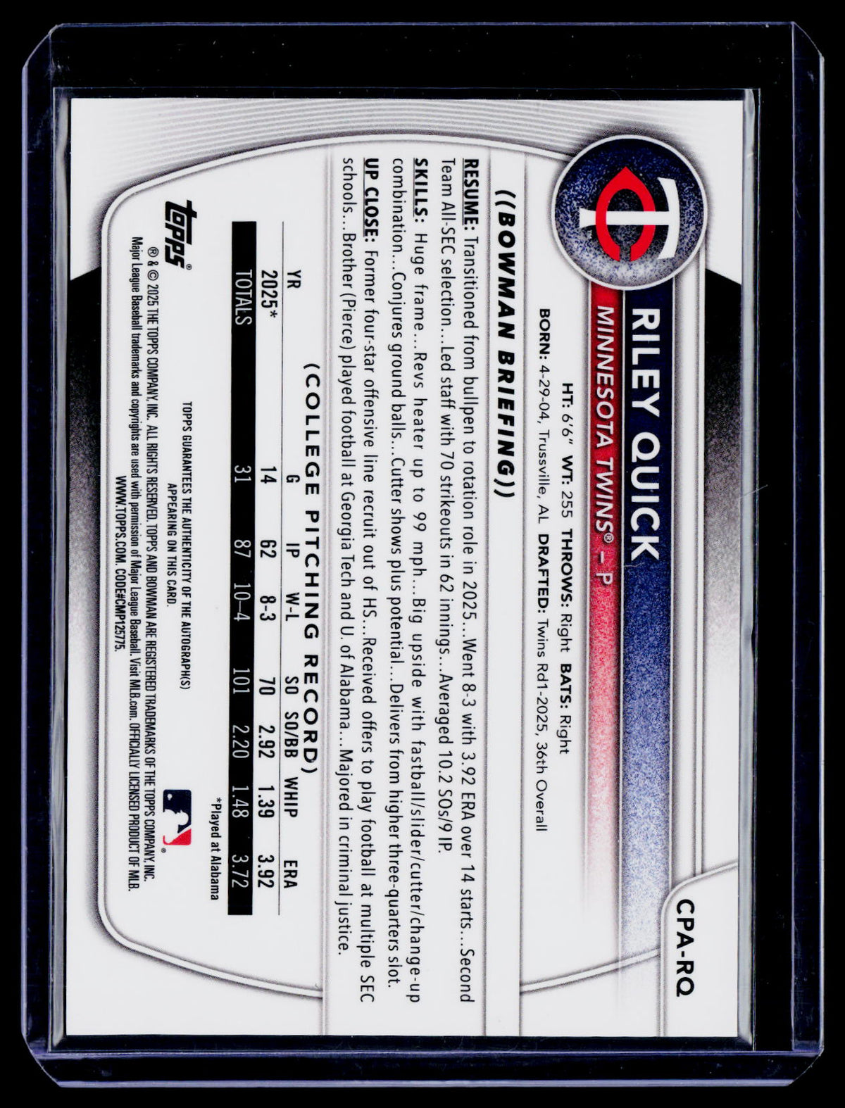 2025 Bowman Draft Riley Quick 1st Bowman Auto 8/199