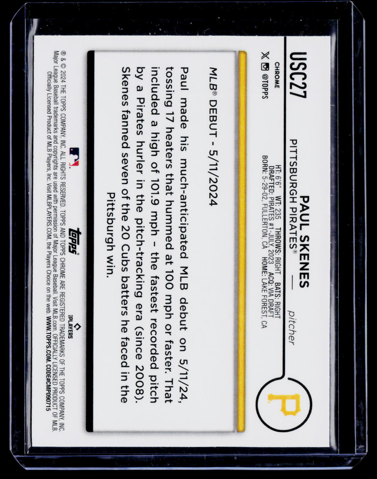2024 Topps Chrome Update Paul Skenes Rookie X-Fractor RC