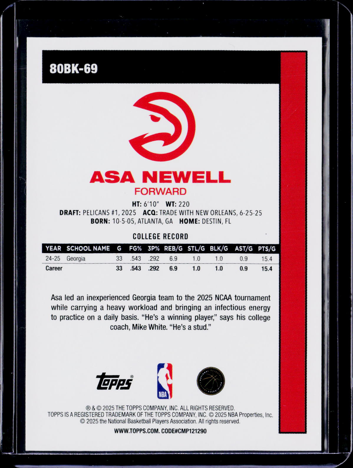 2025 Topps Asa Newell 1980 Rookie Red 4/5 RC
