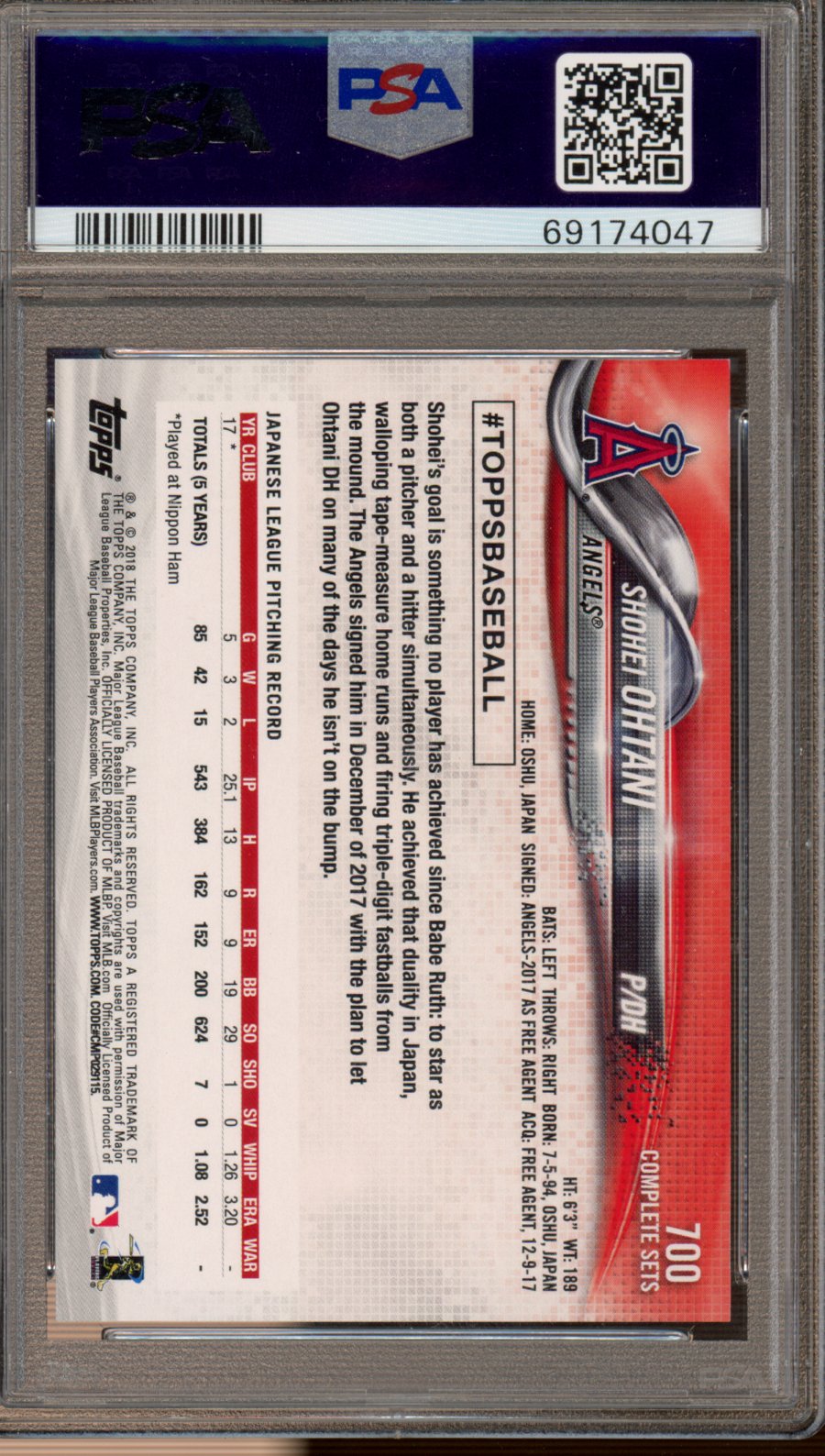 2018 Topps Shohei Ohtani Complete Set Retail PSA 10 RC