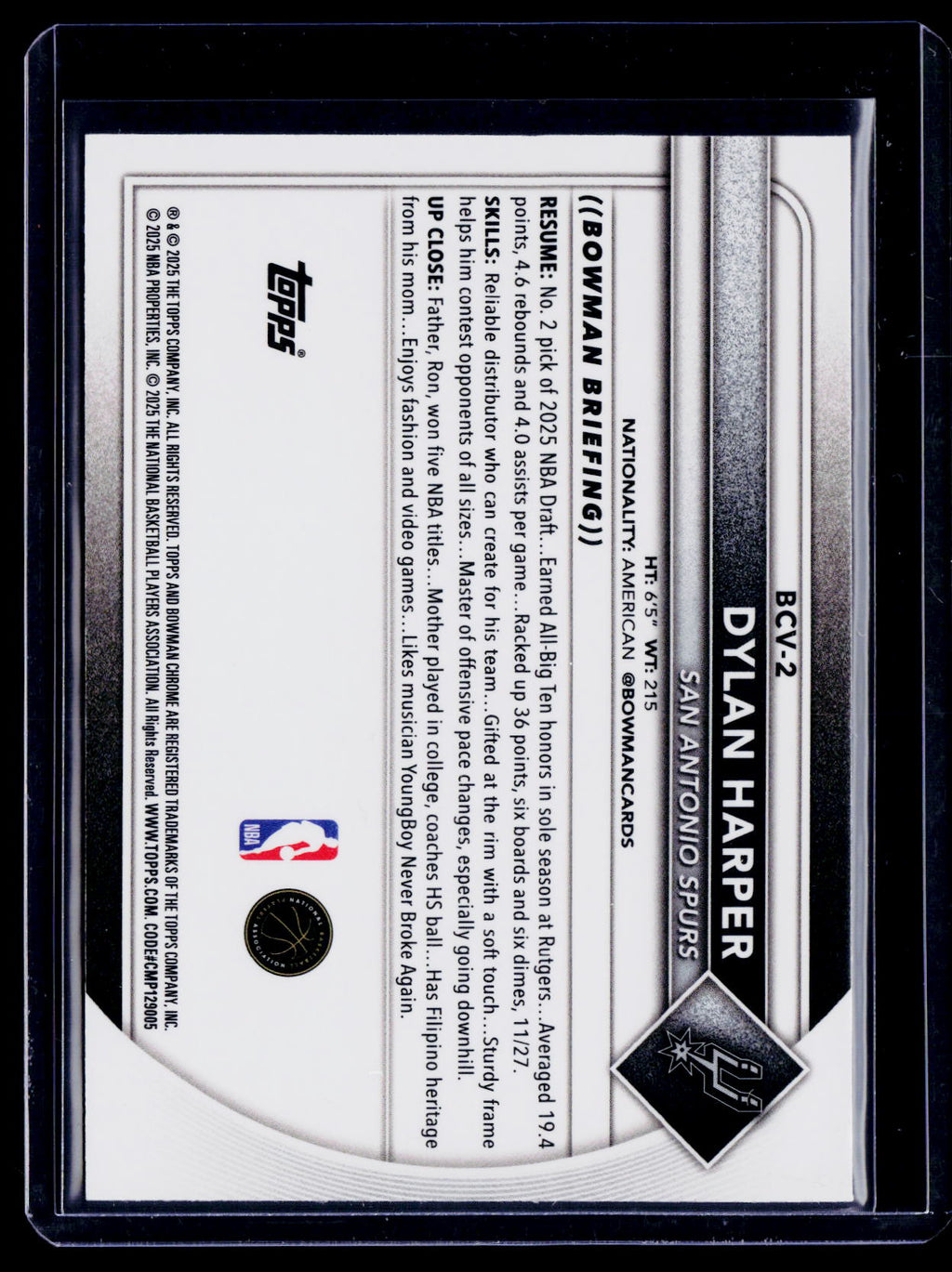 2025-26 Bowman Dylan Harper Rookie Aqua Mega Box 63/125 RC