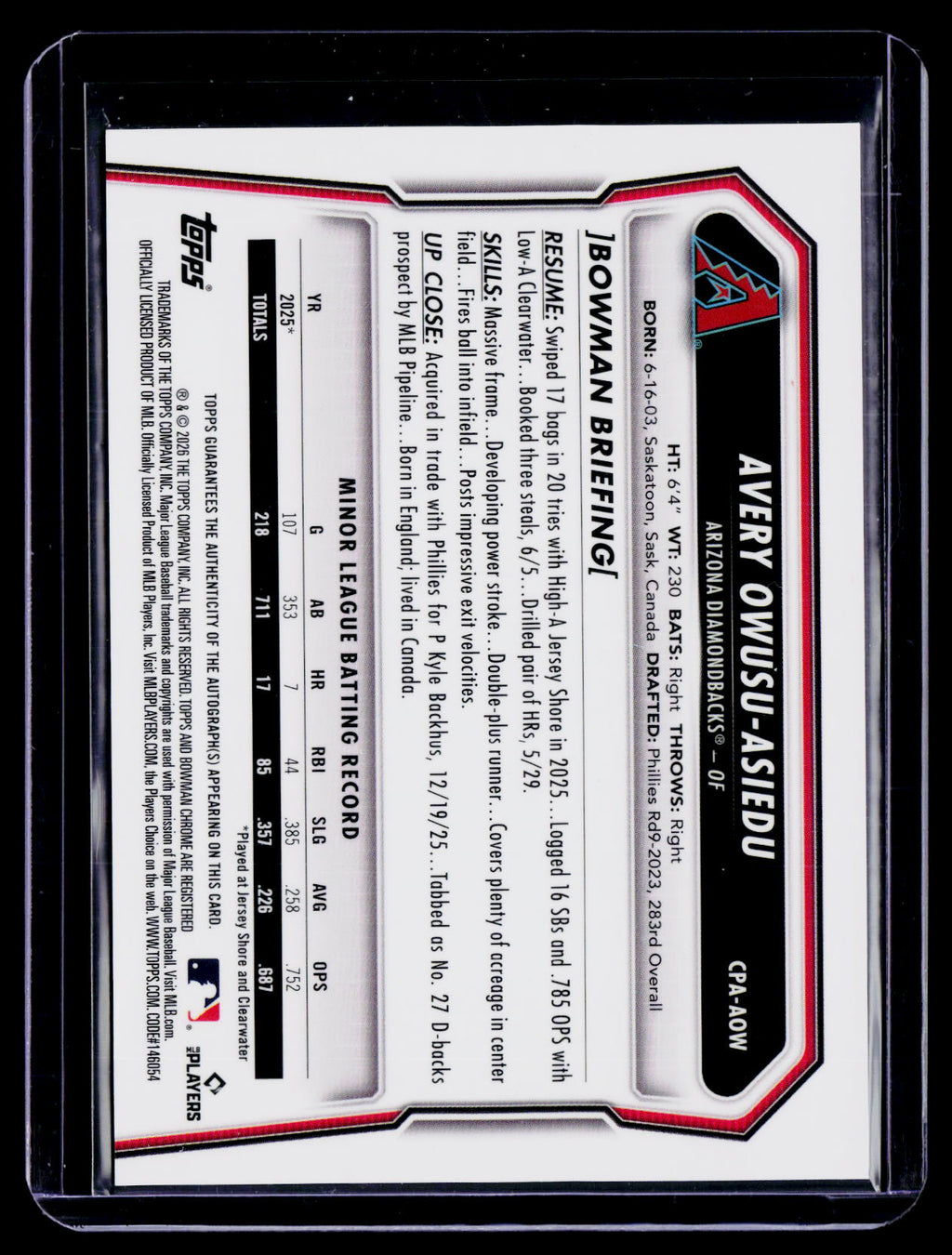 2026 Bowman Chrome Avery Owusu-Asiedu Blue Ray Wave Auto 4/150