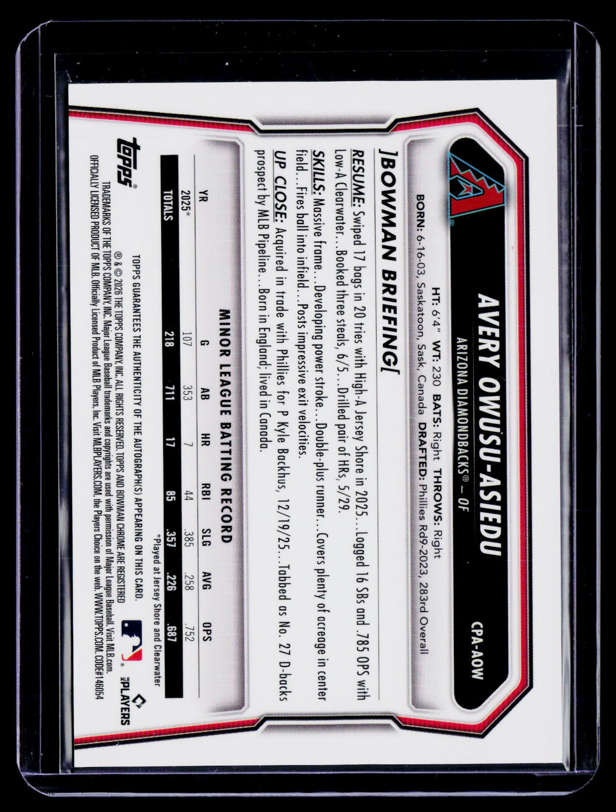 2026 Bowman Chrome Avery Owusu-Asiedu Blue Ray Wave Auto 4/150