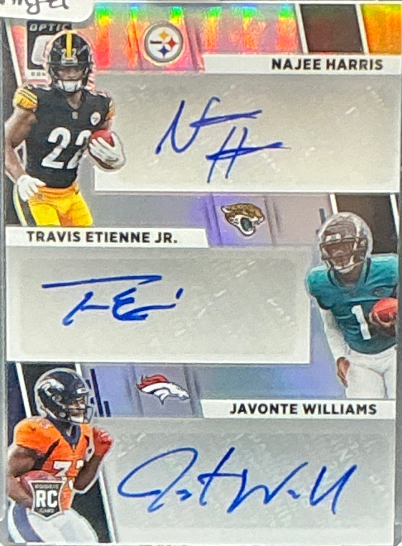 2021 Donruss optic Najee Harris, Travis Etienne Jr., Javonte Williams RC Triple Auto 7/25 Banger