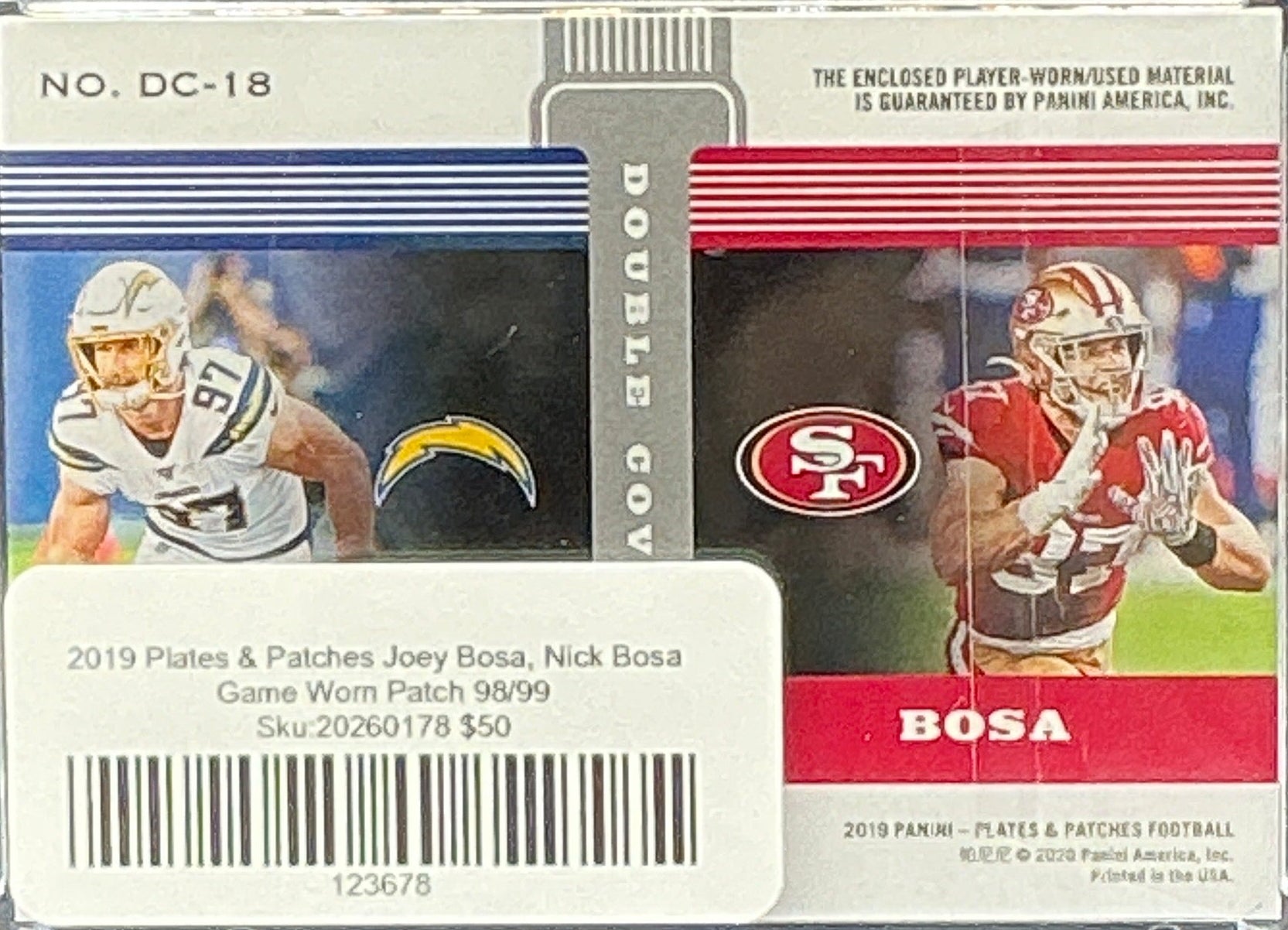 2019 Plates & Patches Joey Bosa, Nick Bosa Game Worn Patch 98/99