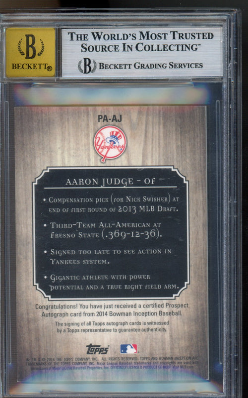2014 Bowman Inception Aaron Judge Blue Auto 75/75 BGS 9 Auto 10