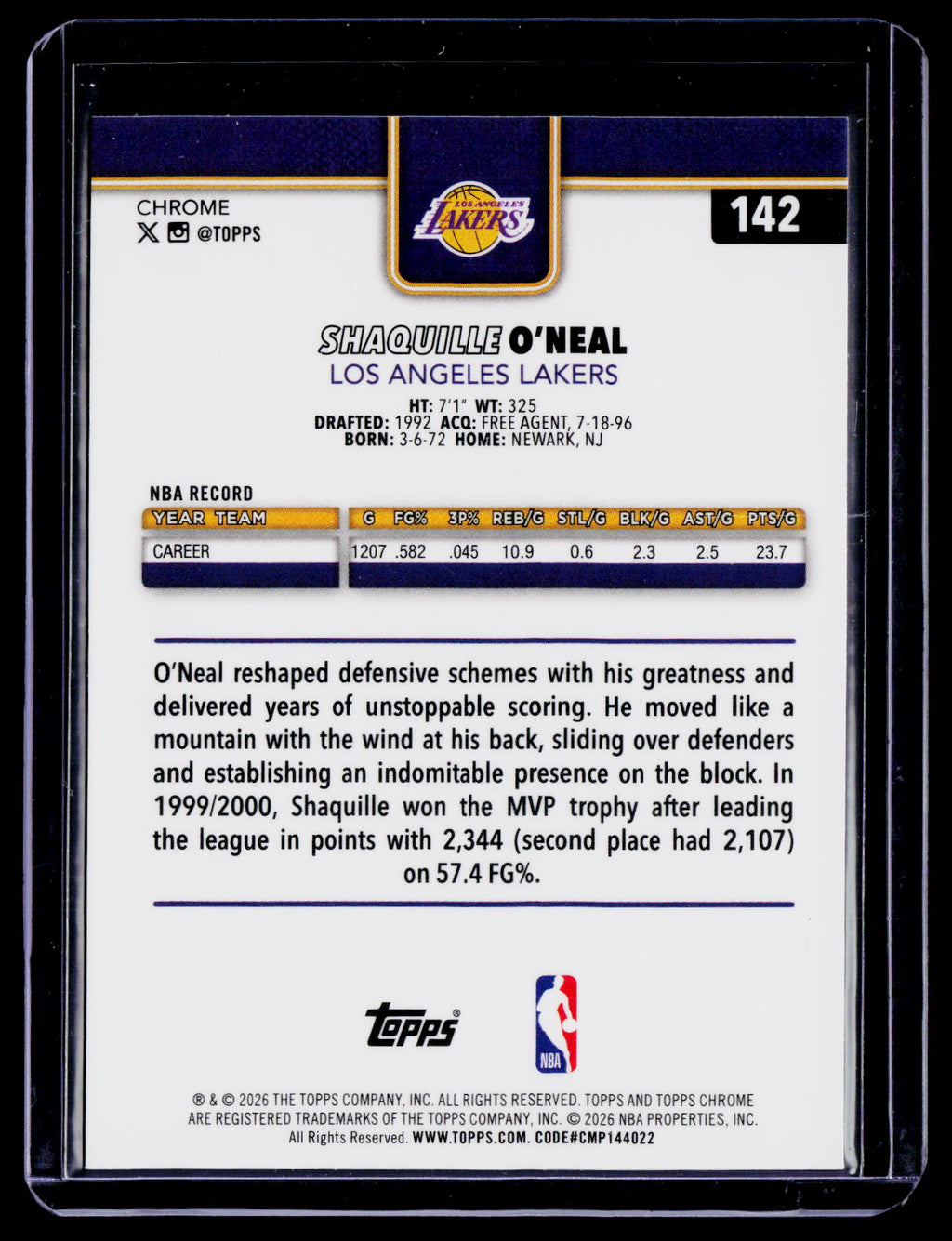 2025 Topps Chrome Update Shaquille O'Neal Aqua Refractor 114/199