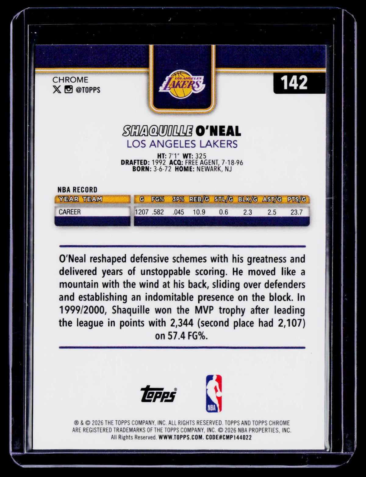 2025 Topps Chrome Update Shaquille O'Neal Aqua Refractor 114/199