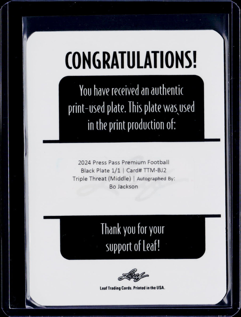 2024 Leaf Press Pass Premium Football Bo Jackson Triple Threat Autu Printing Plate 1/1