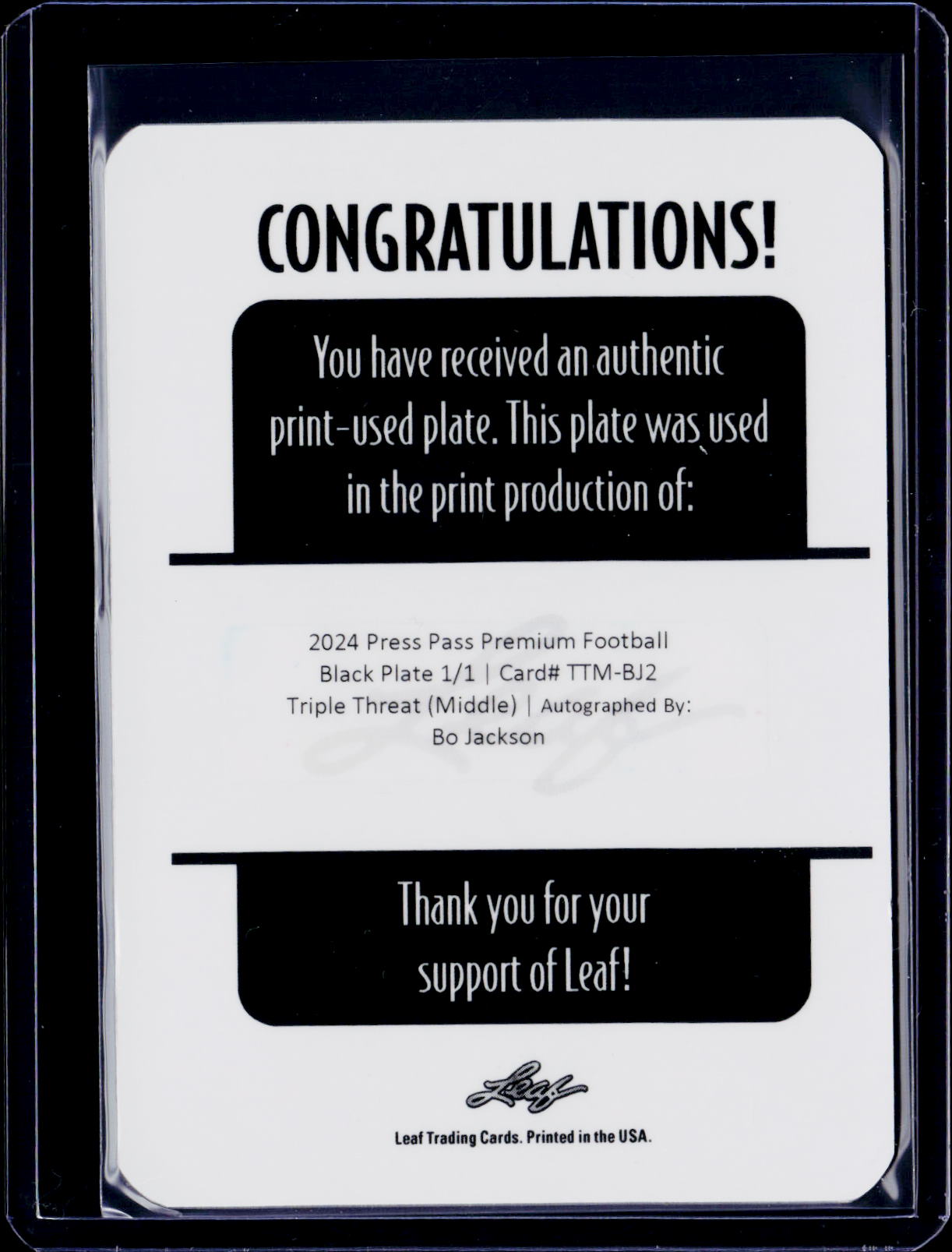 2024 Leaf Press Pass Premium Football Bo Jackson Triple Threat Autu Printing Plate 1/1