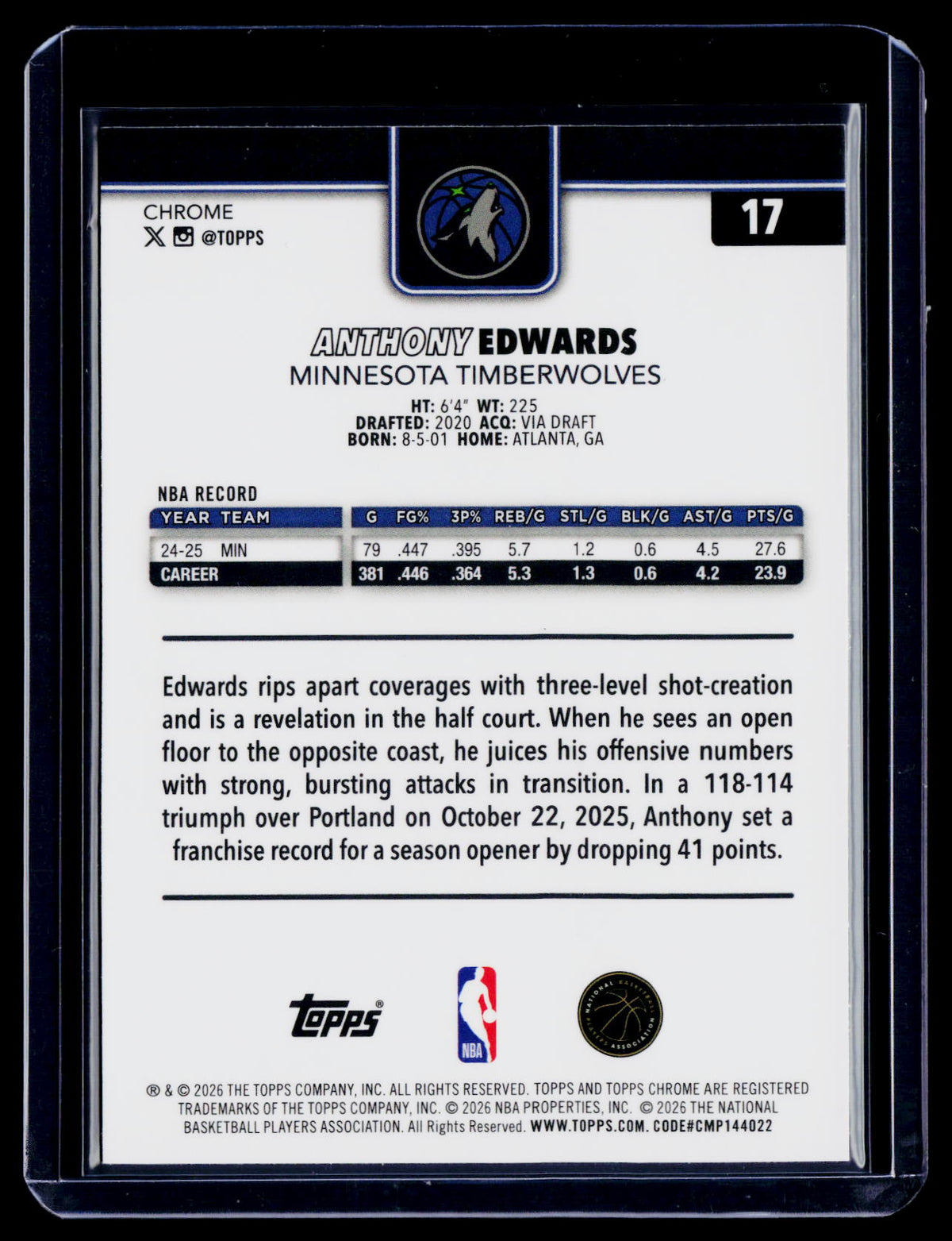 2025 Topps Chrome Update Anthony Edwards Green Refractor 19/99