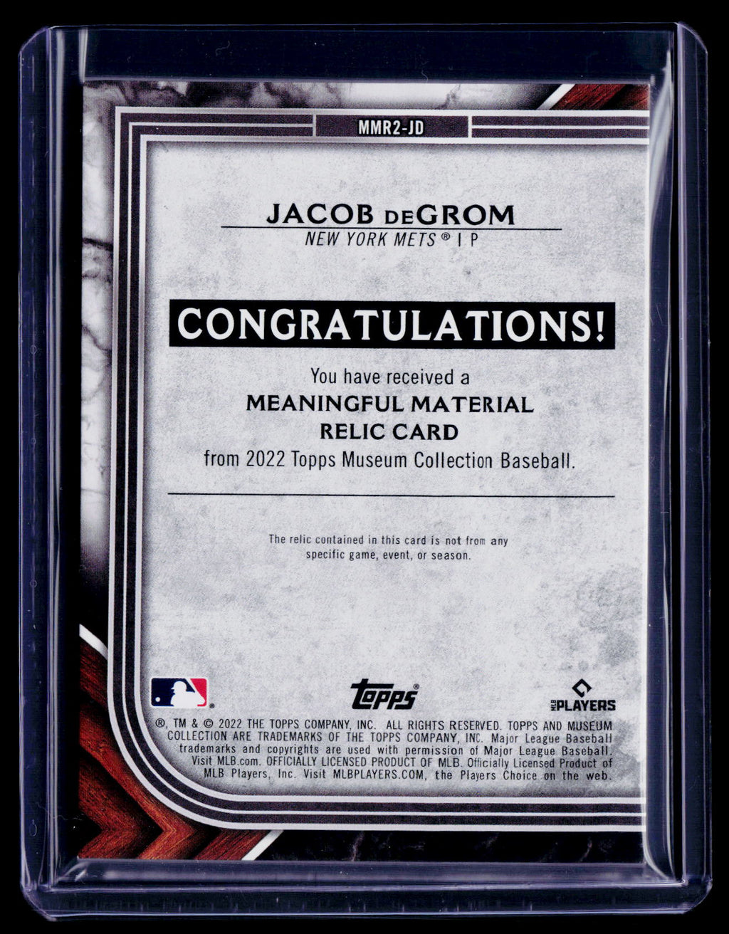 2022 Museum Collection Jacob DeGrom Meaningful Material Patch 7/25