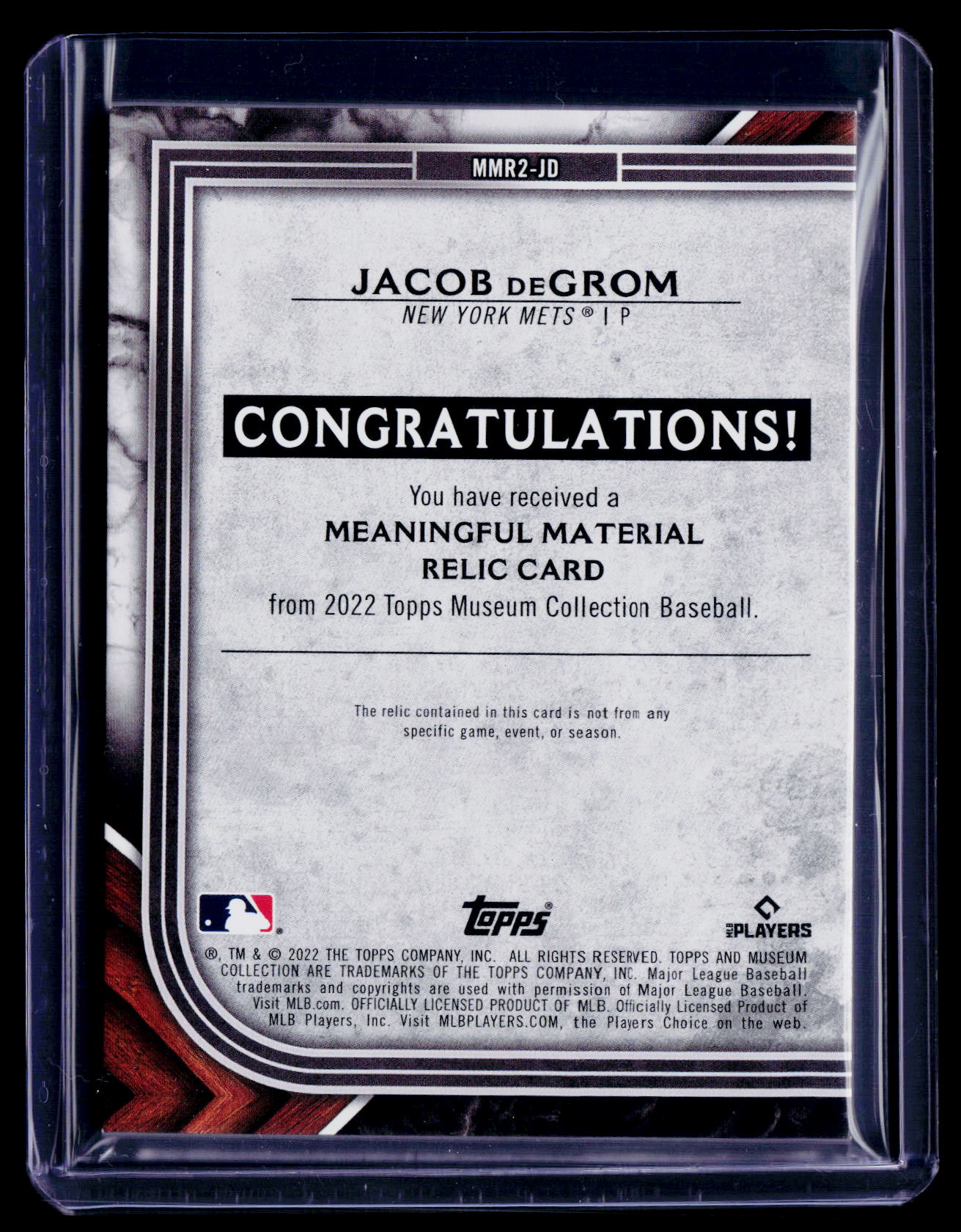 2022 Museum Collection Jacob DeGrom Meaningful Material Patch 7/25