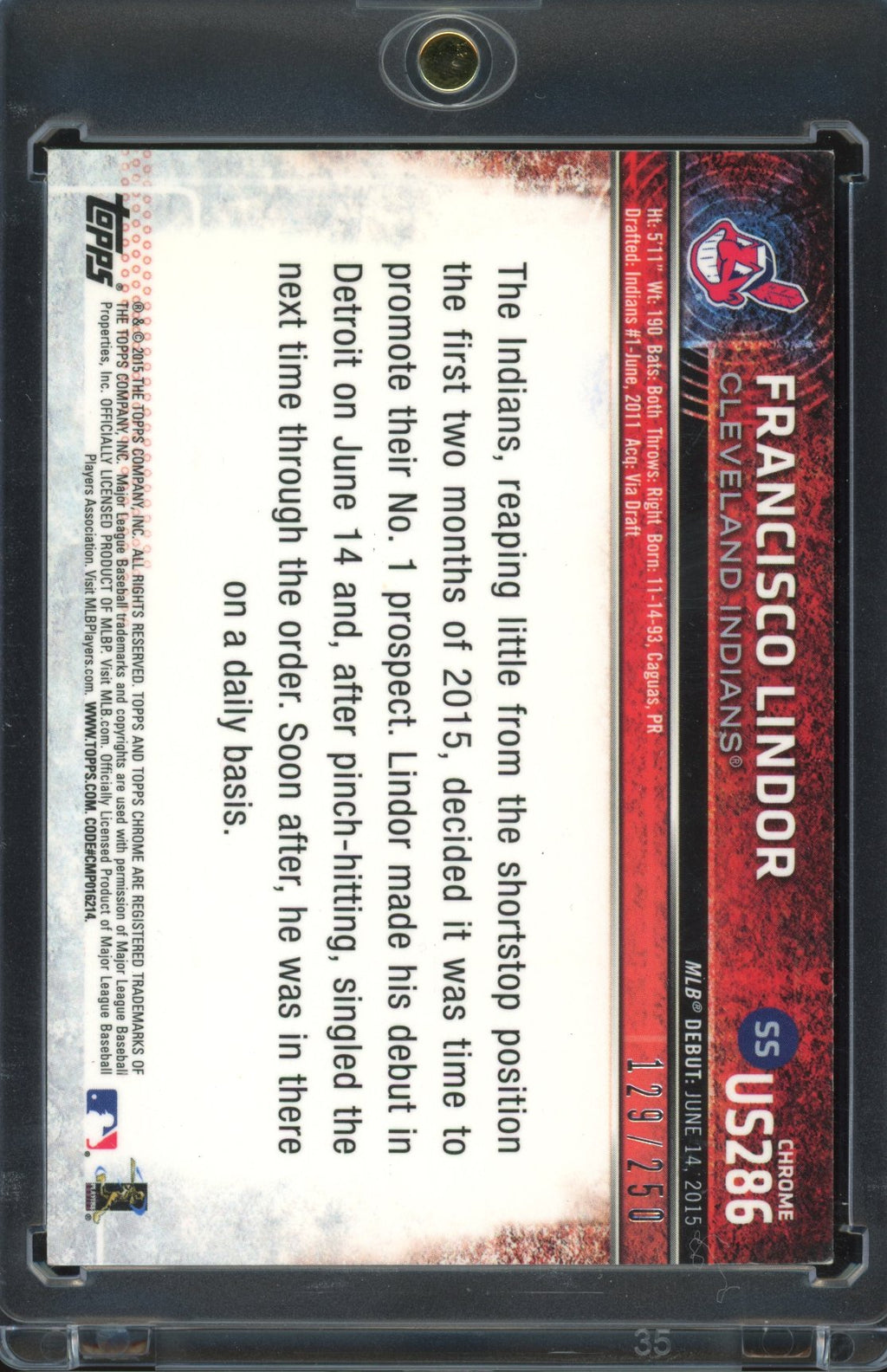 2015 Topps Chrome Update Francisco Lindor Gold Refractor 129/250 RC