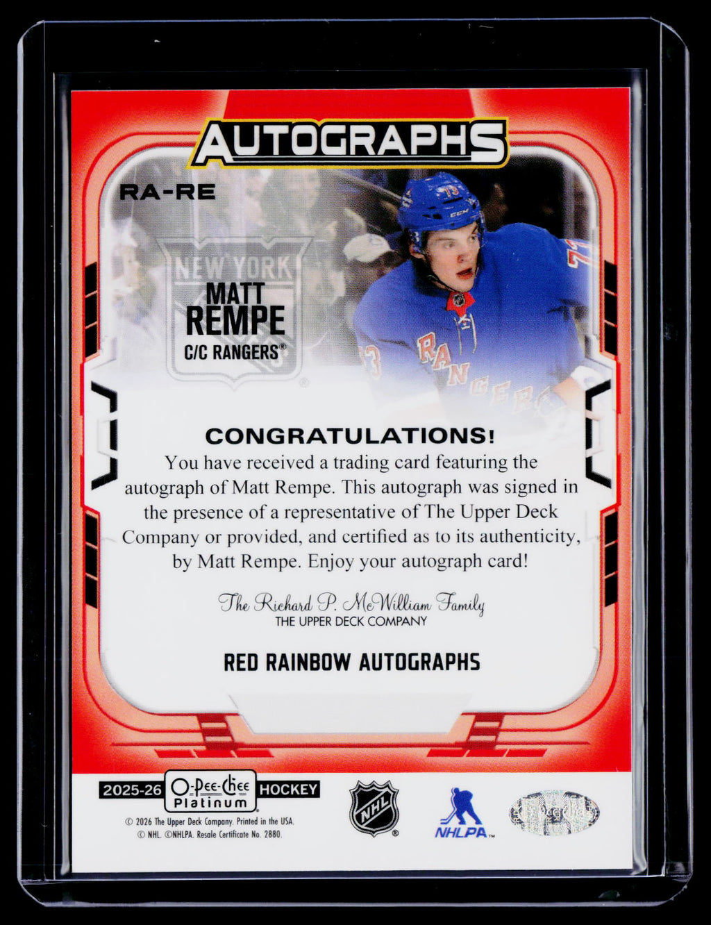 2025-26 O-Pee-Chee Platinum Matt Rempe Red Rainbow Auto
