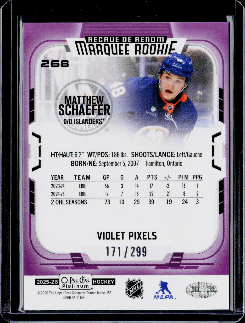 2026 O-Pee-Chee Platnium Matthew Schaefer Marquee Rookie Violet Pixels 171/299