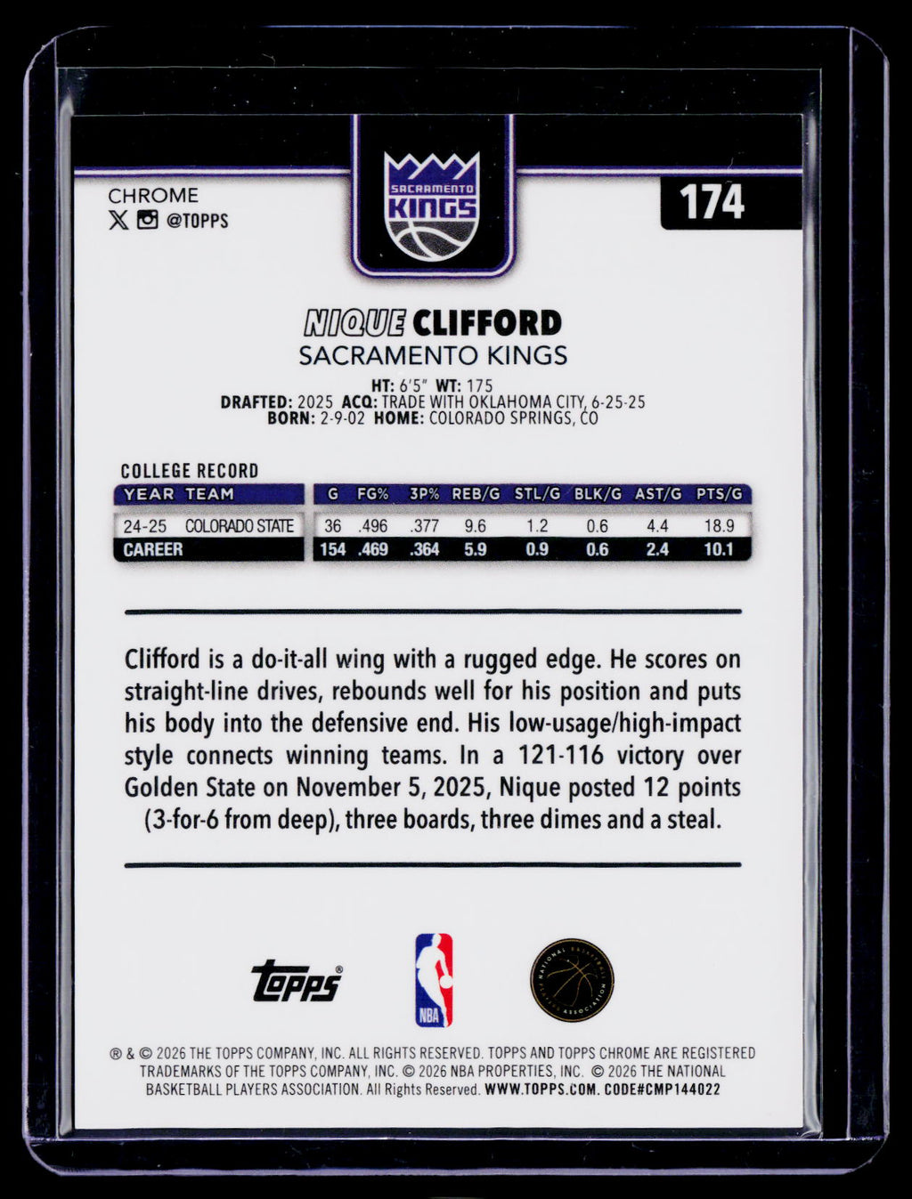 2025 Topps Chrome Update Nique Clifford Rookie Gold Geometric 34/50 RC